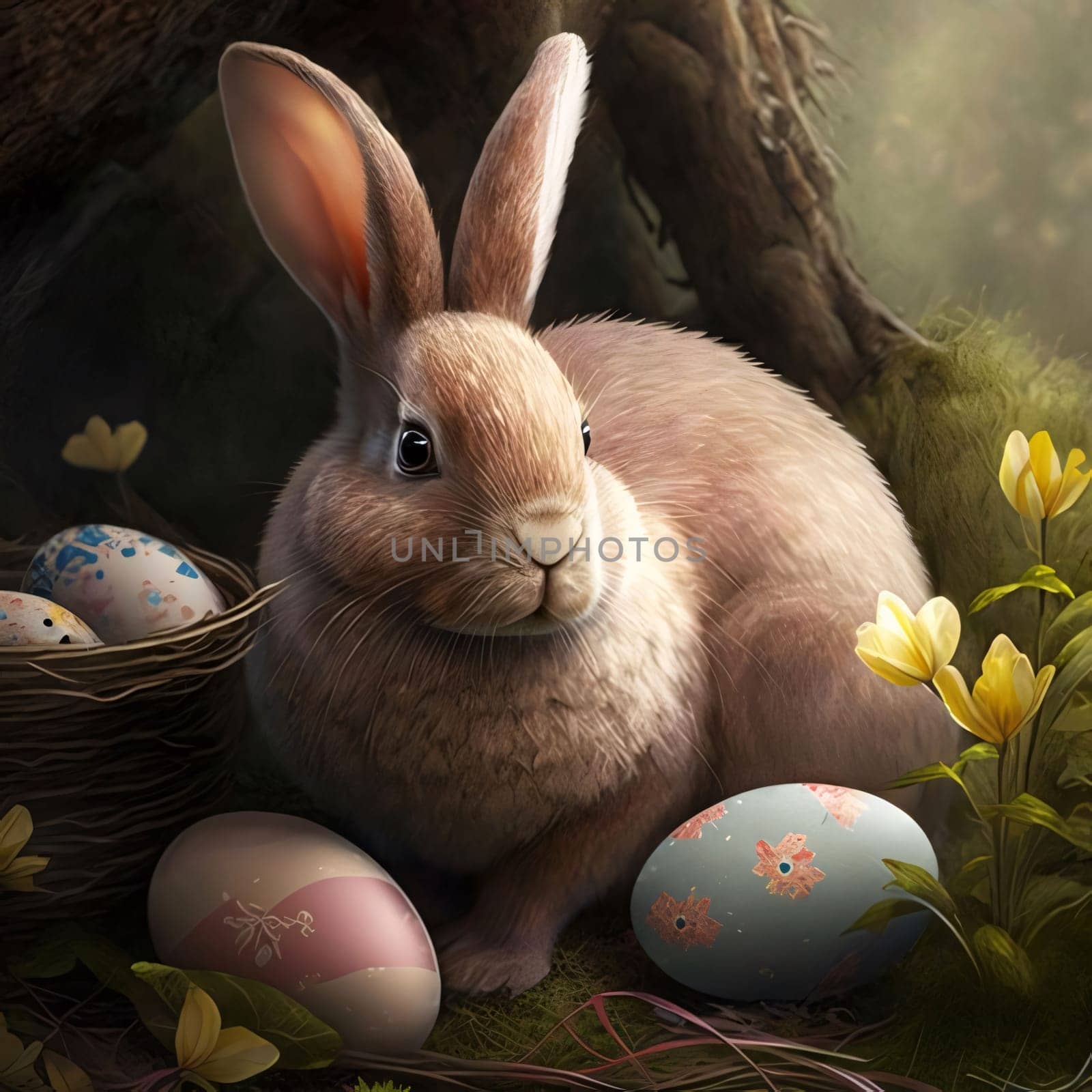 Feasts of the Lord's Resurrection: Easter bunny with Easter eggs in the nest, 3d render