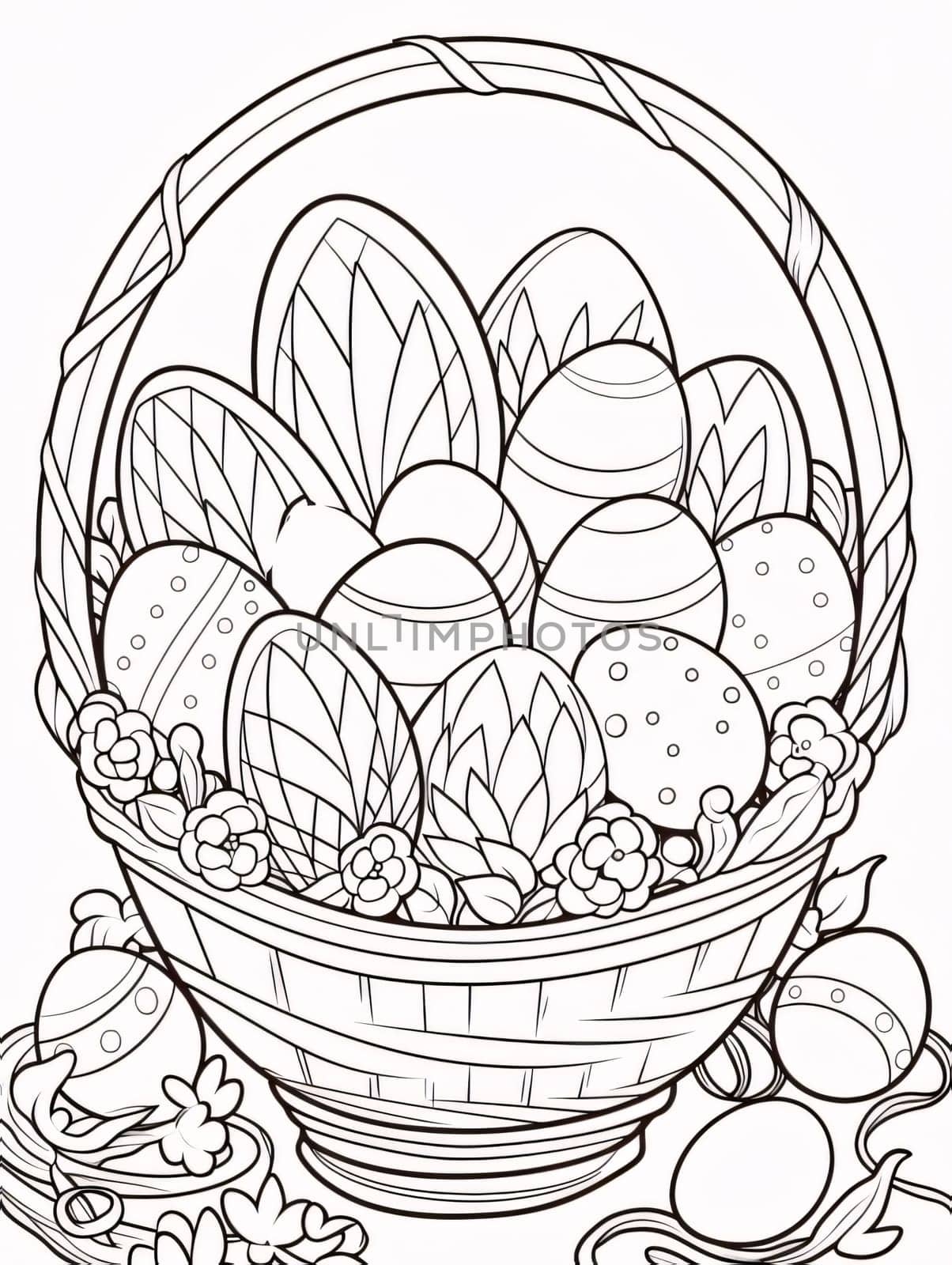 Feasts of the Lord's Resurrection: Easter basket with eggs and flowers. Vector illustration for coloring book.