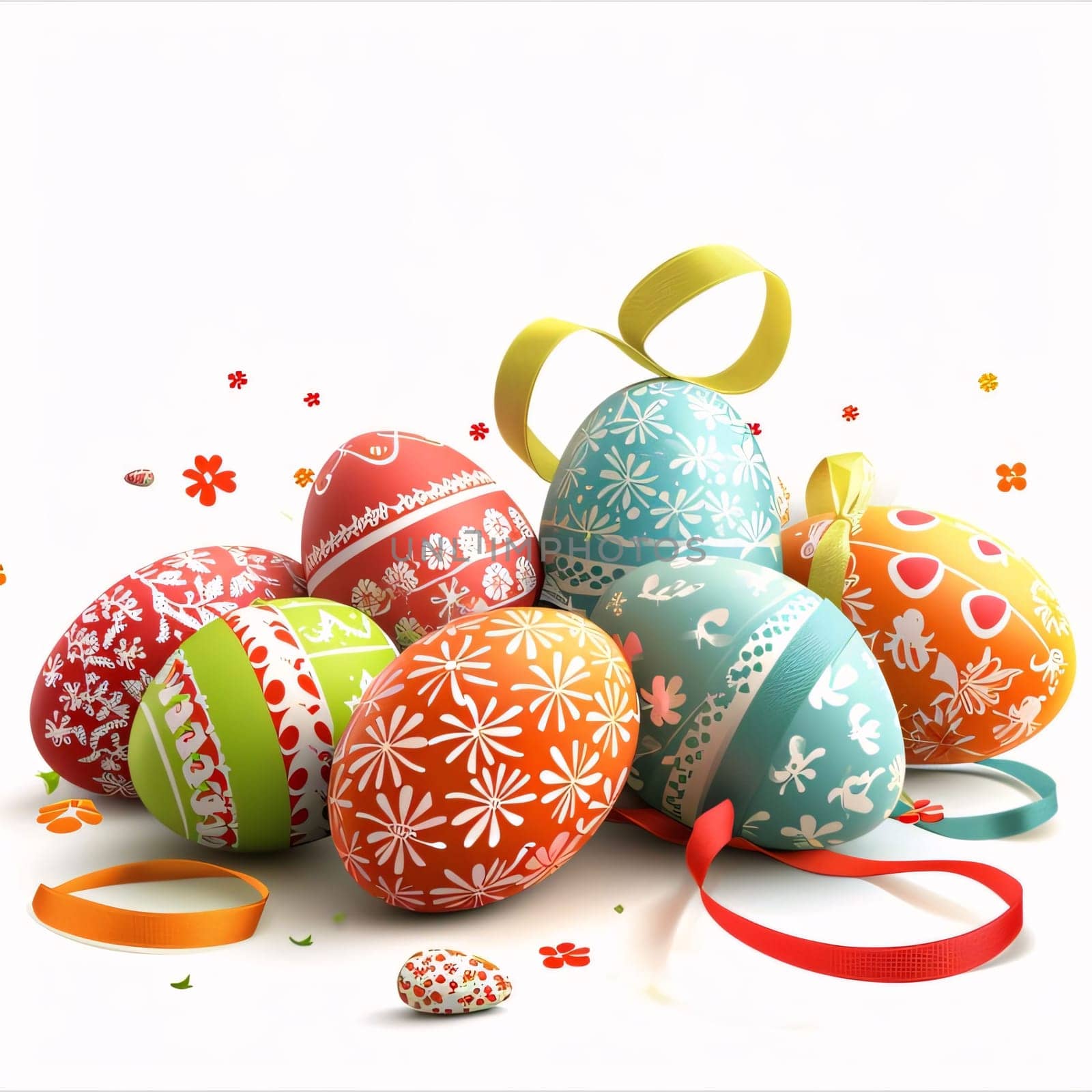 Feasts of the Lord's Resurrection: Easter eggs with ribbons and confetti on a white background