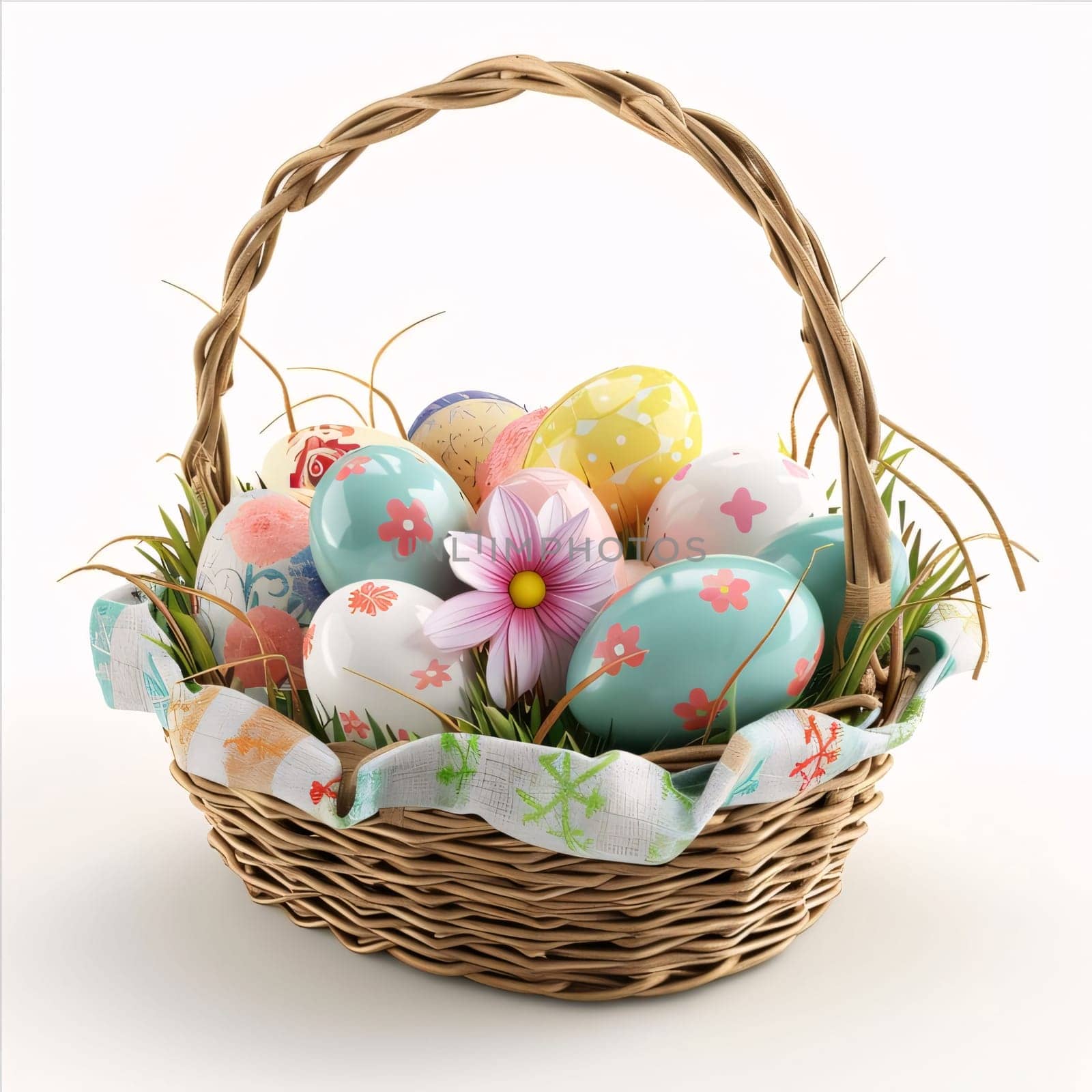 Feasts of the Lord's Resurrection: Basket with easter eggs on a white background. 3d