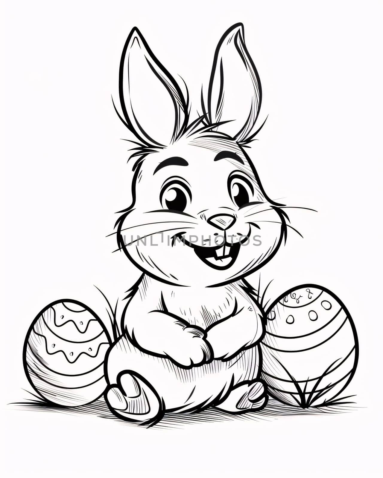 Feasts of the Lord's Resurrection: Easter bunny with eggs. Vector illustration in black and white colors.