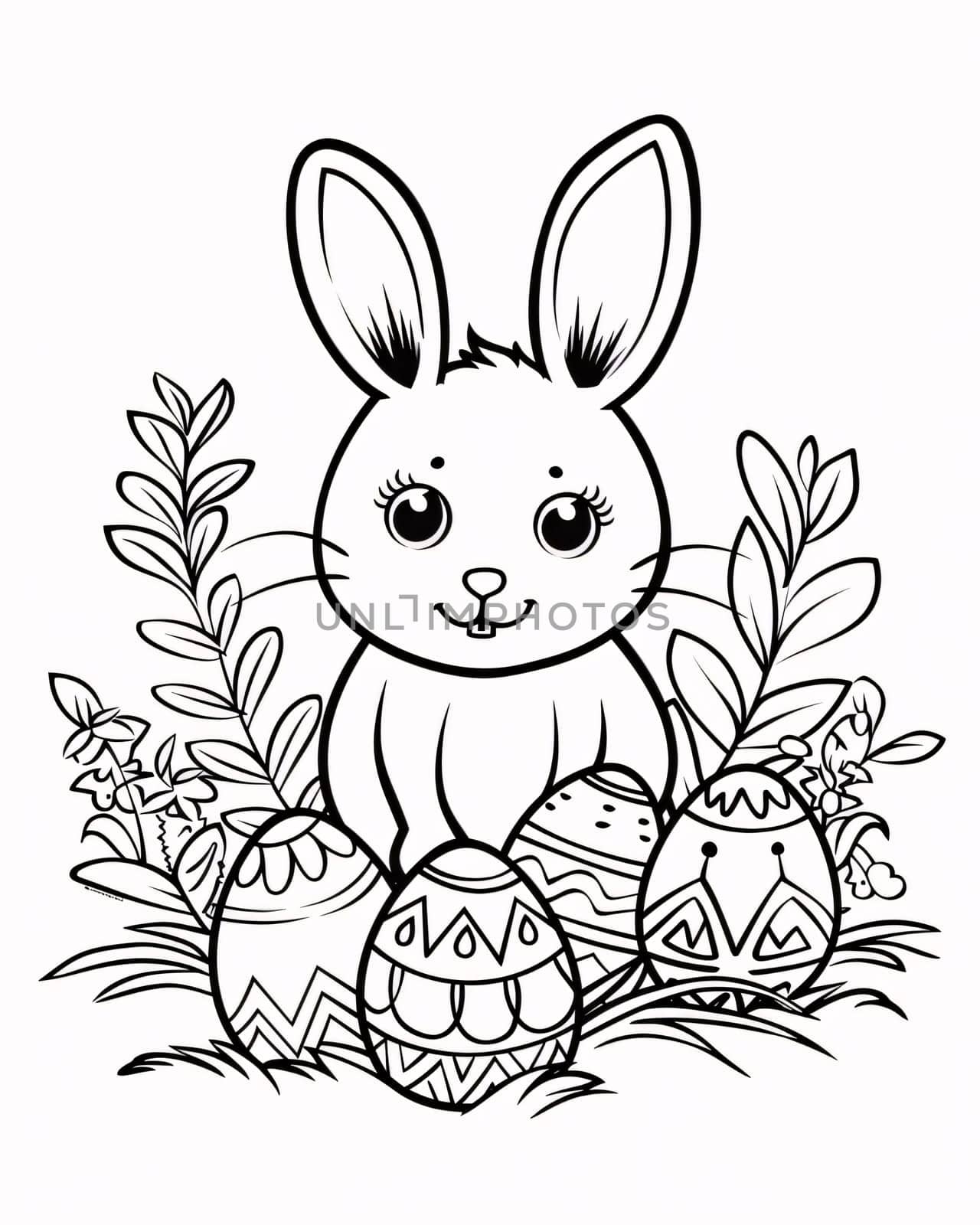 Easter bunny with eggs. Black and white vector illustration for coloring book. by ThemesS