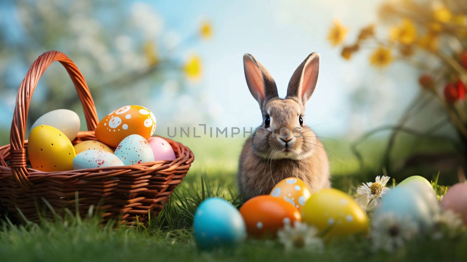 Feasts of the Lord's Resurrection: Easter bunny with colorful eggs in basket on green grass, closeup