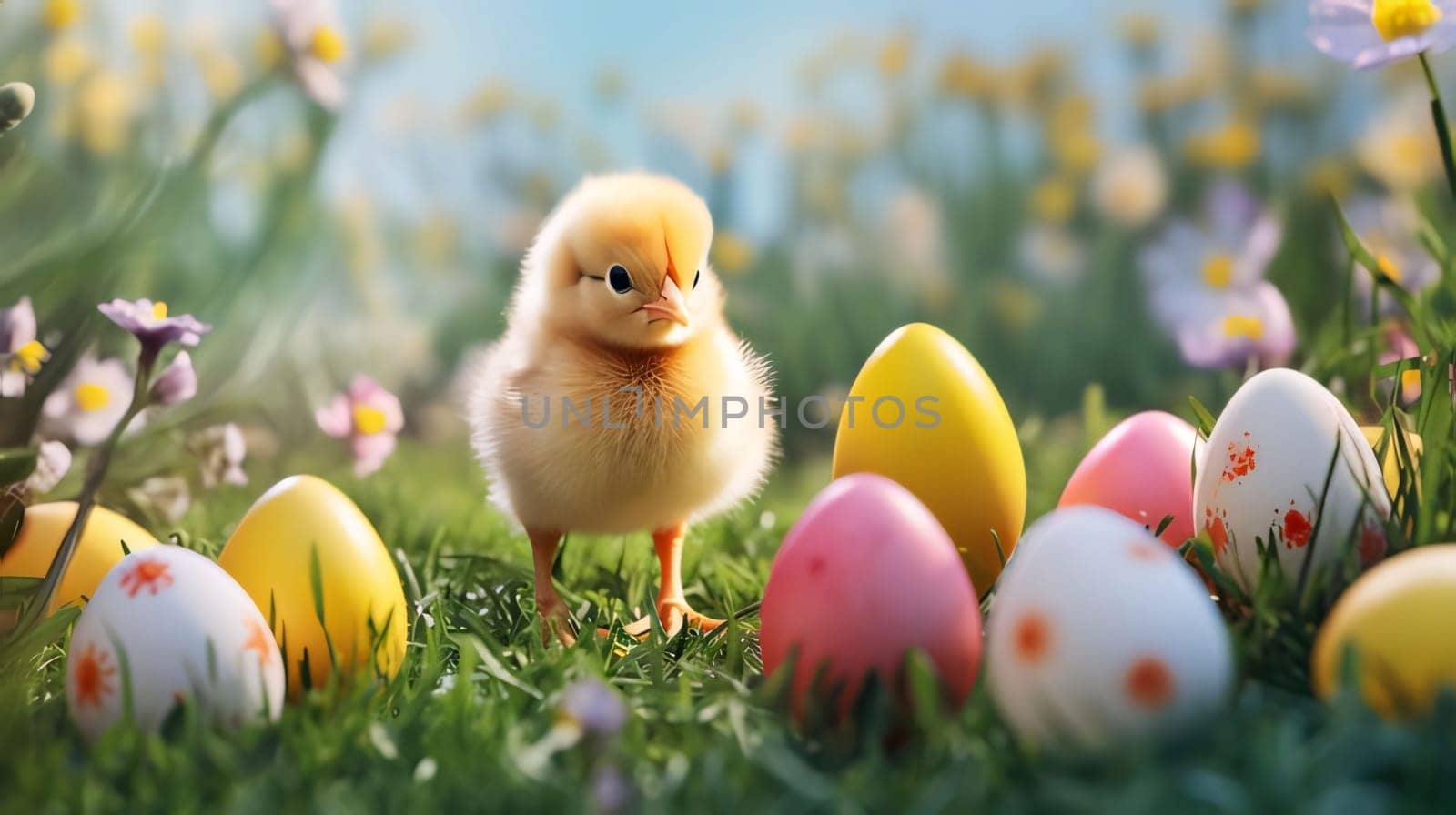 Feasts of the Lord's Resurrection: Easter eggs and yellow chicken on green grass. Easter background.