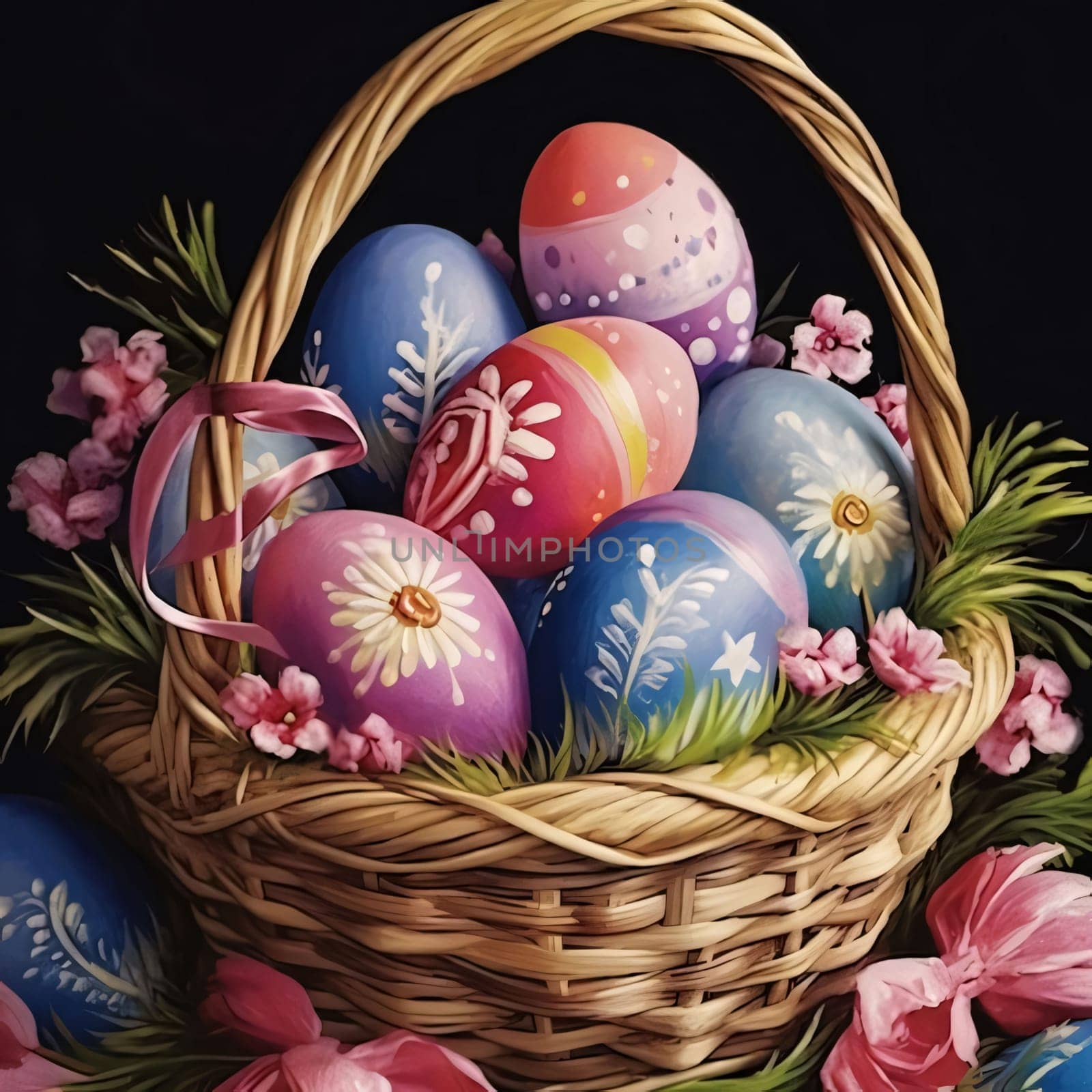 Feasts of the Lord's Resurrection: Easter basket with painted eggs and flowers on a black background.