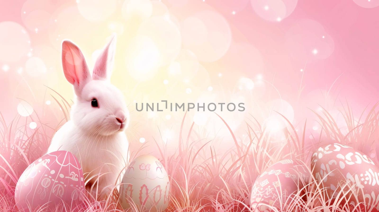 Feasts of the Lord's Resurrection: Easter background with white bunny and easter eggs in grass.