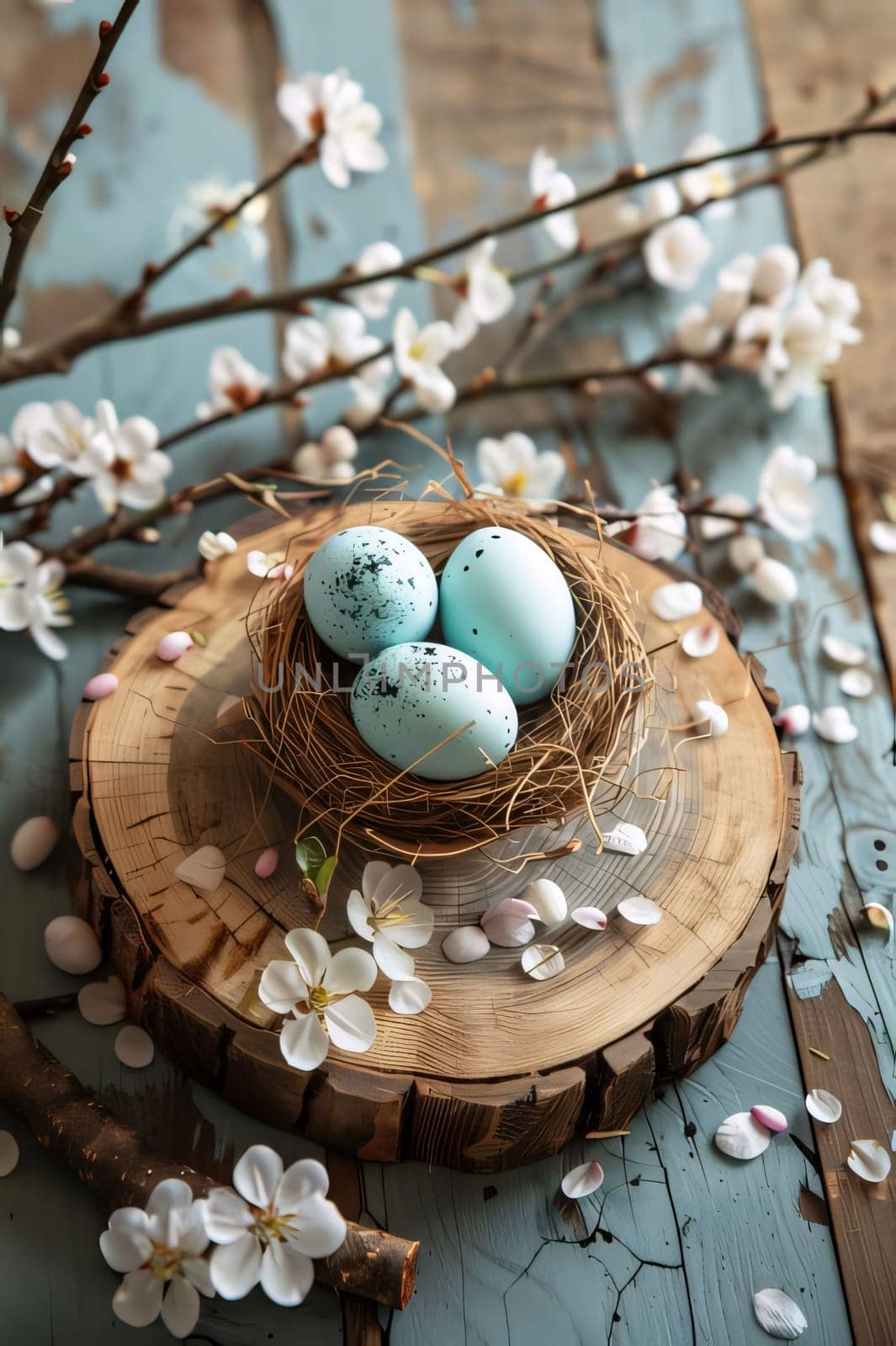 Feasts of the Lord's Resurrection: Easter eggs in a nest with flowers on a wooden background.