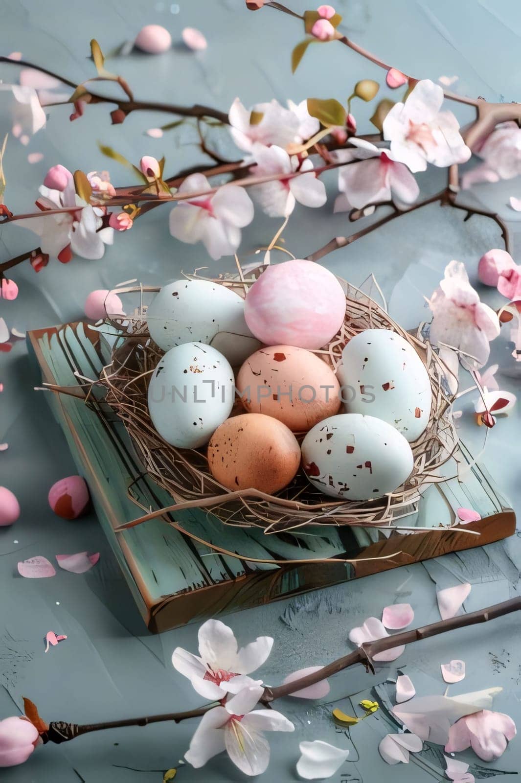 Easter eggs in a nest on a blue background with pink flowers. by ThemesS