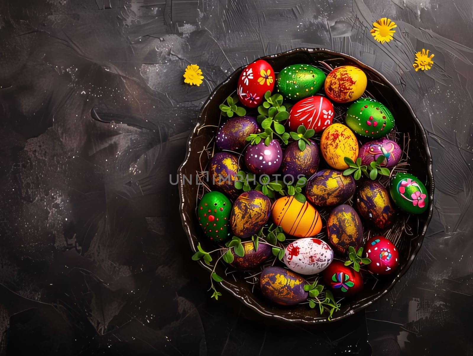 Feasts of the Lord's Resurrection: Colorful Easter eggs in a basket on a dark background, top view