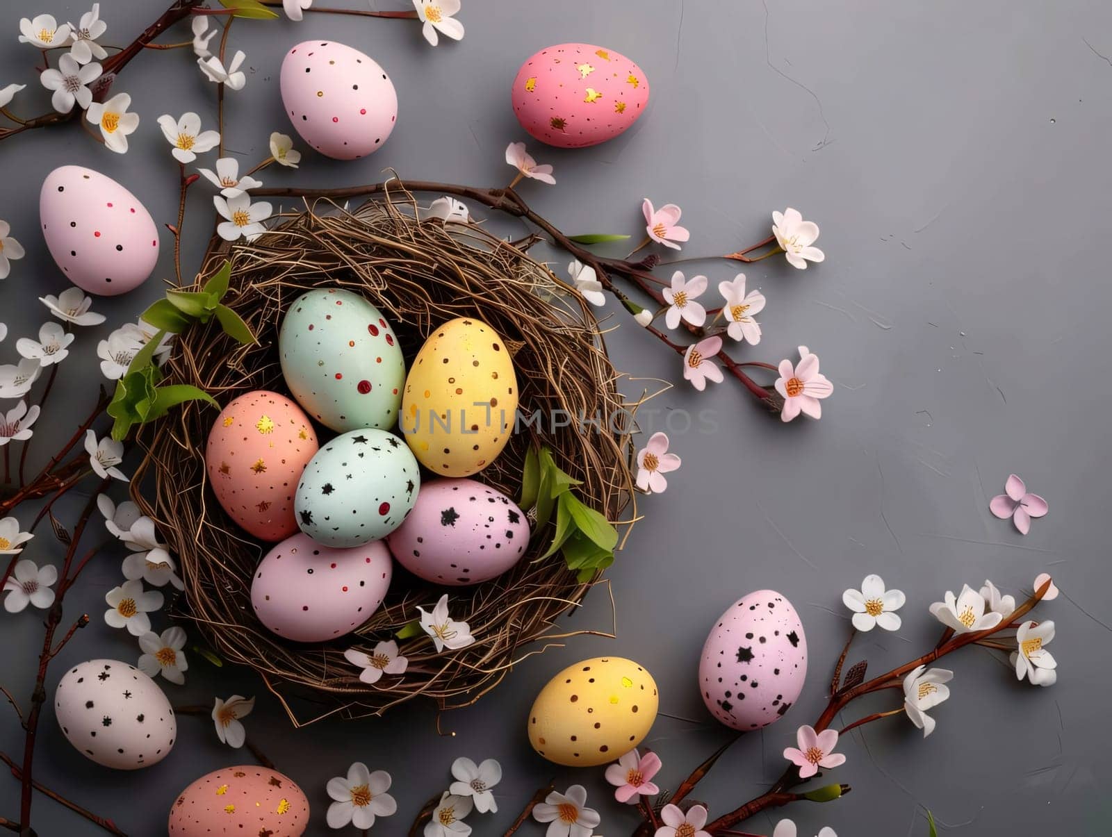 Feasts of the Lord's Resurrection: Colorful easter eggs in nest and spring flowers on gray background