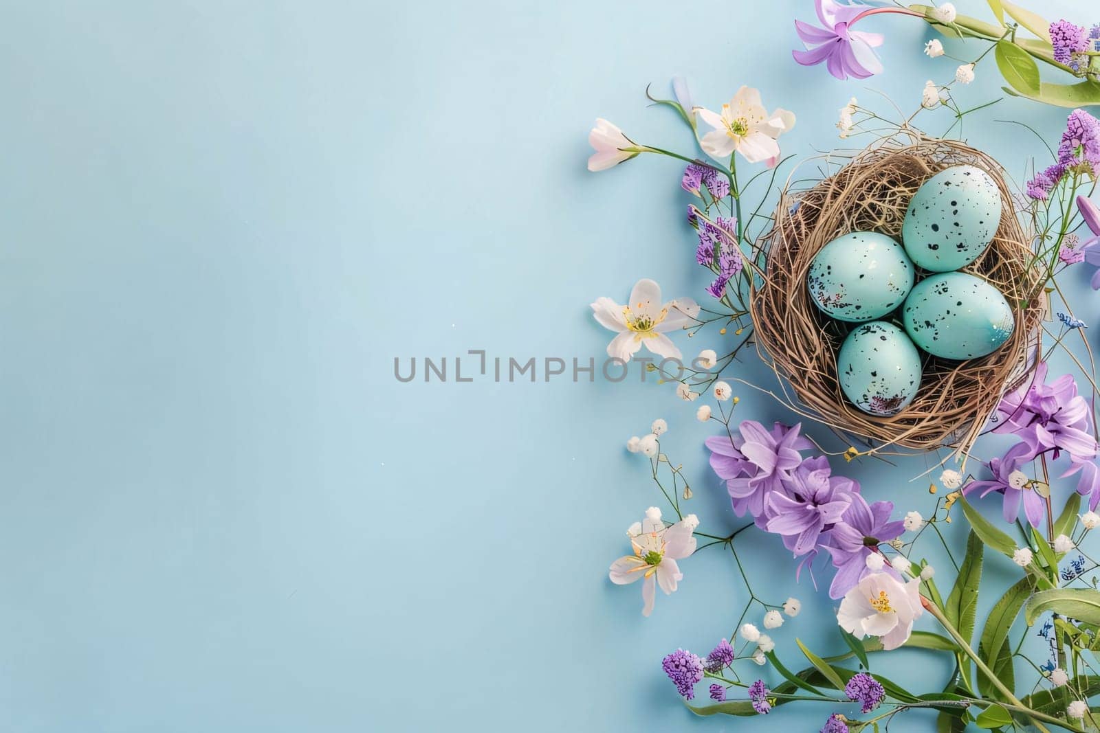 Feasts of the Lord's Resurrection: Easter eggs in nest with spring flowers on blue background, top view