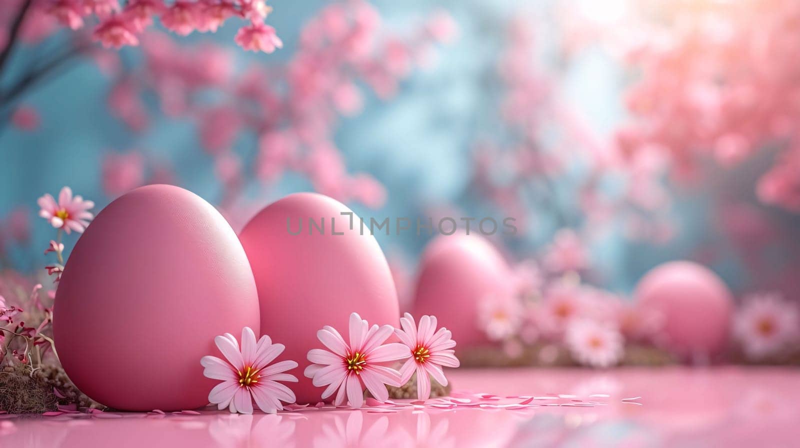 Feasts of the Lord's Resurrection: Easter eggs and spring flowers on a pink background with copy space
