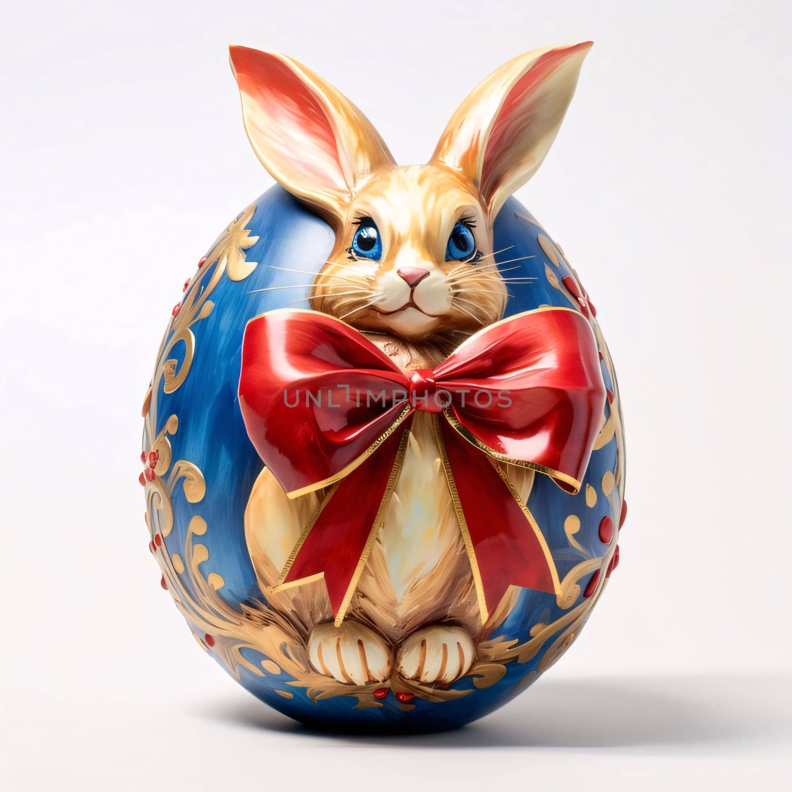 Feasts of the Lord's Resurrection: Easter bunny with big blue egg on white background. 3D illustration.