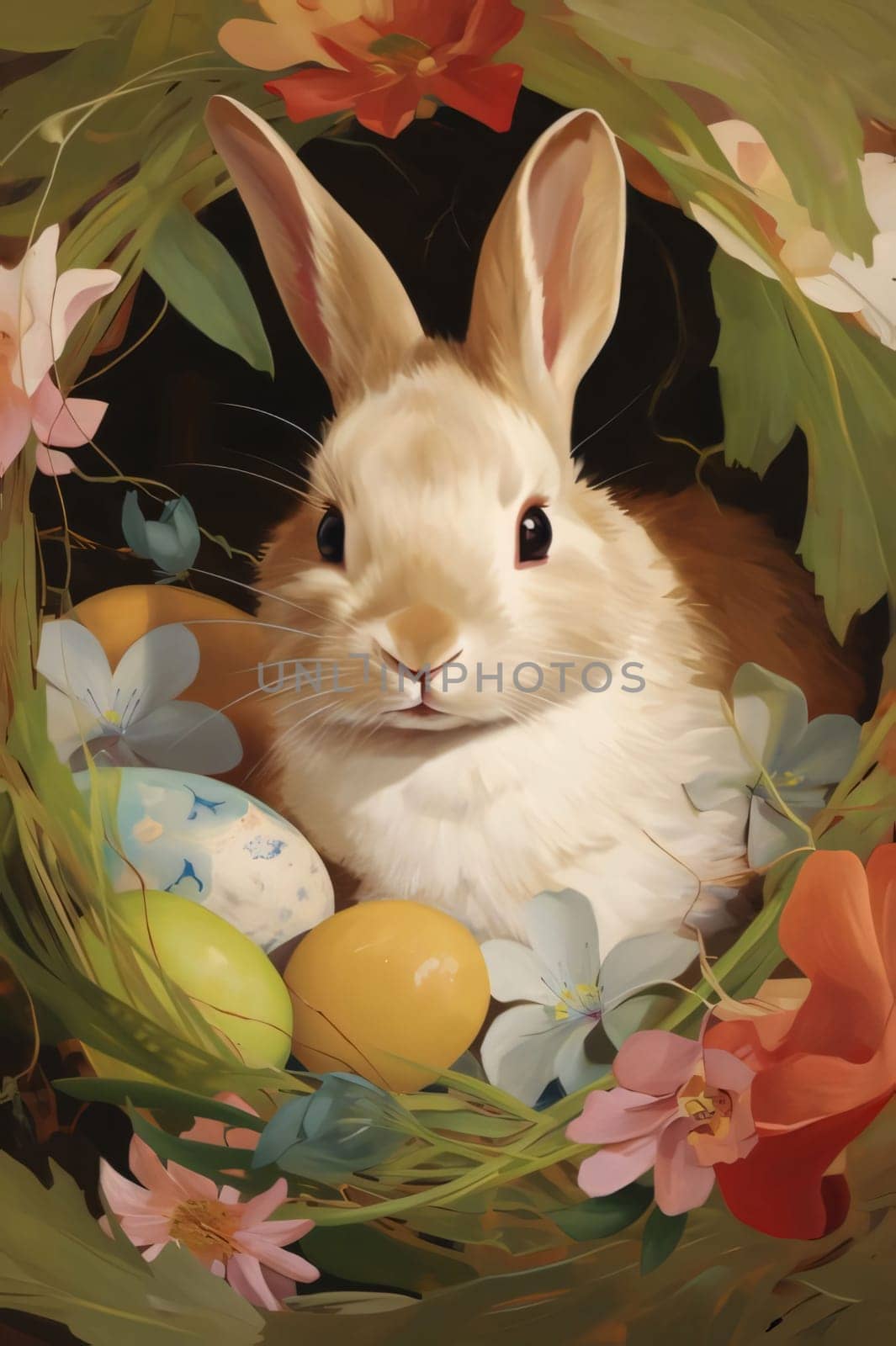 Easter bunny with colored eggs in a basket of flowers on a dark background by ThemesS