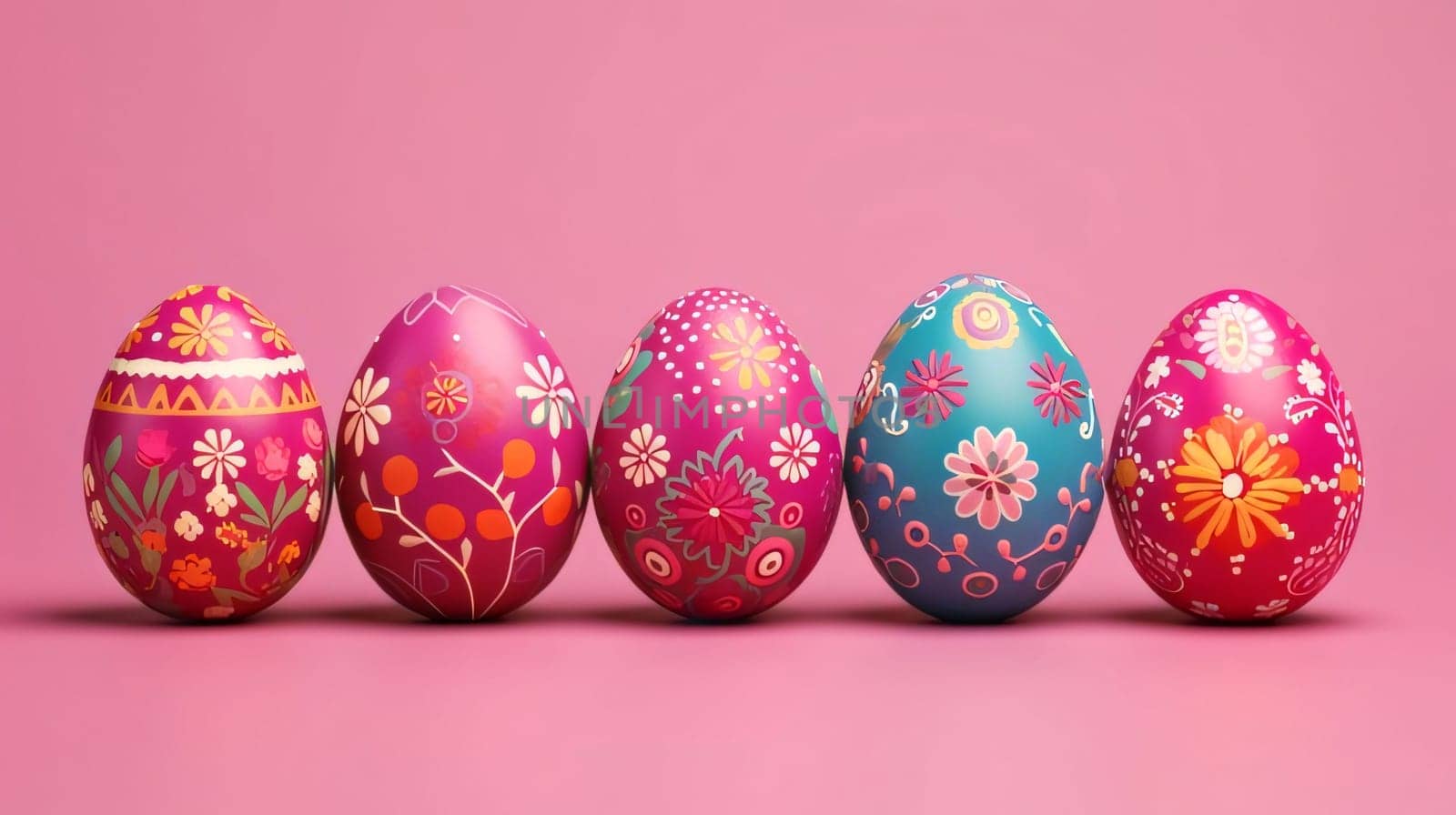 Feasts of the Lord's Resurrection: Row of colorful easter eggs on pink background. 3d render