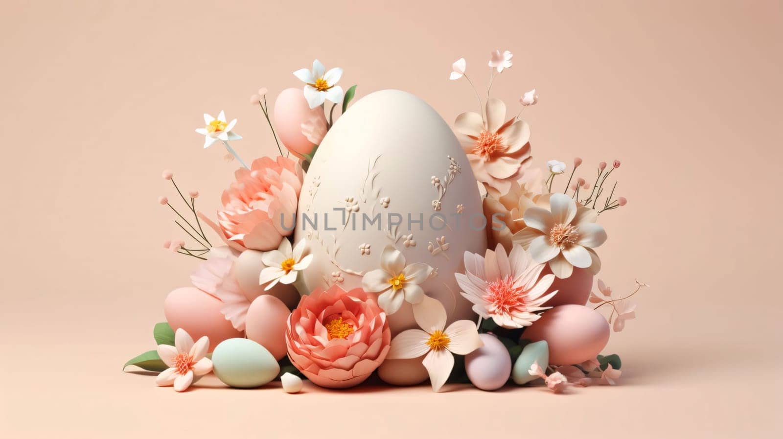 Feast of the Lord's Resurrection: Easter eggs and spring flowers on pastel background. Happy Easter concept.