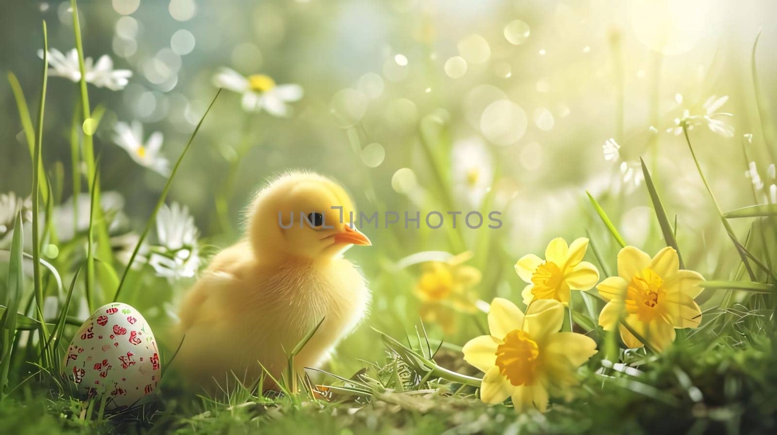 Feasts of the Lord's Resurrection: Little yellow chicken and easter eggs on green grass. Spring background