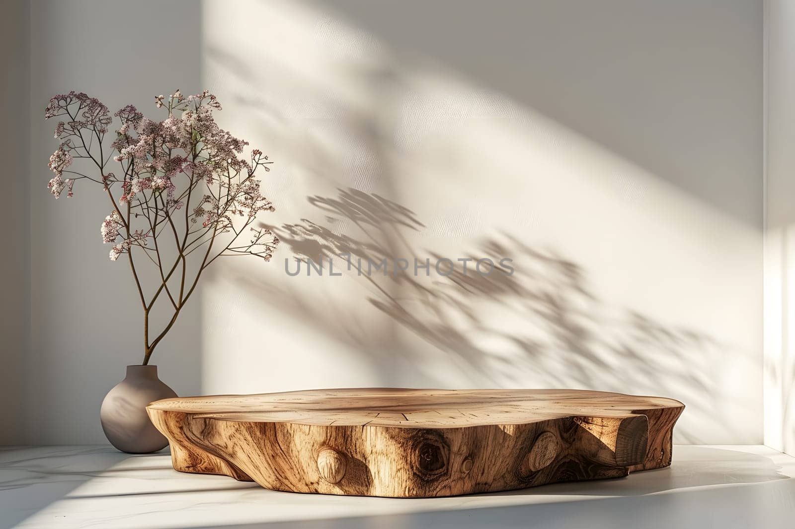 A beautiful display of natures art a vase of flowers on a wooden table in a room, with sunlight streaming in through the window onto the natural materials