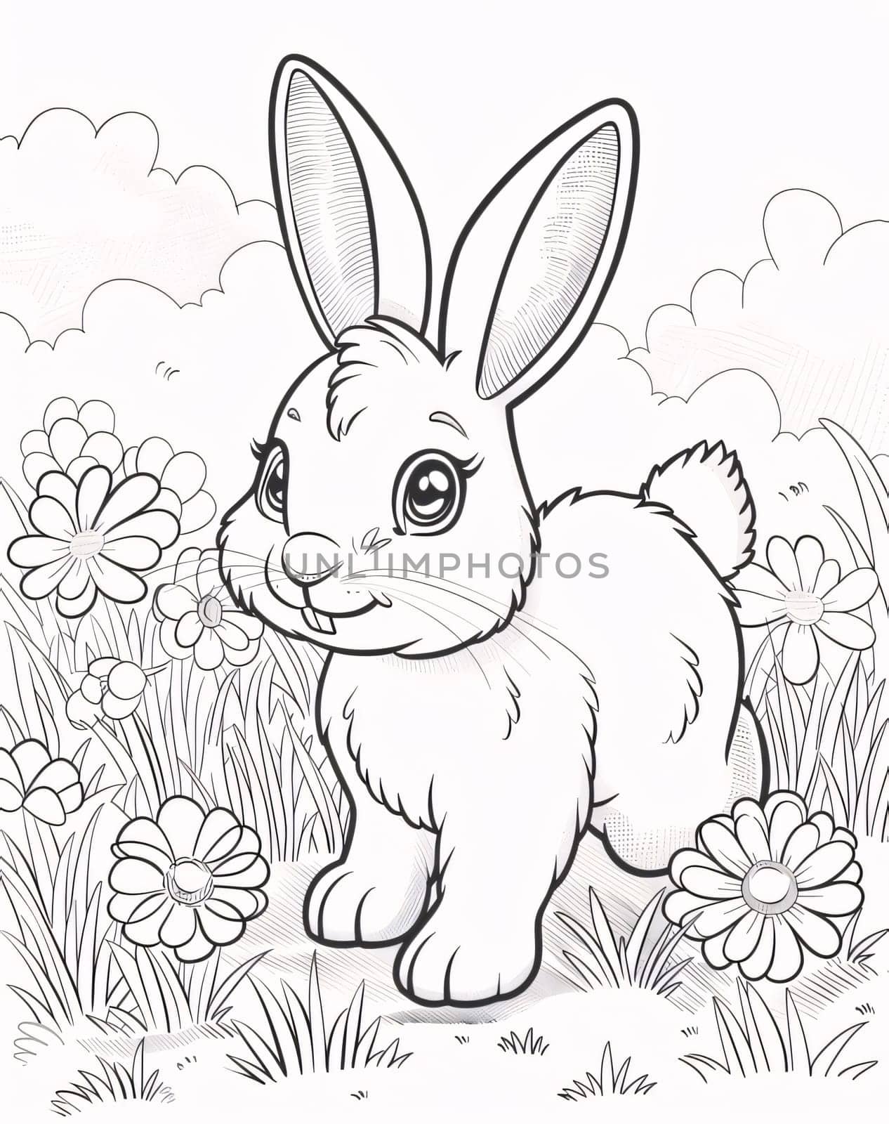 Rabbit on the meadow with flowers. Hand drawn vector illustration by ThemesS