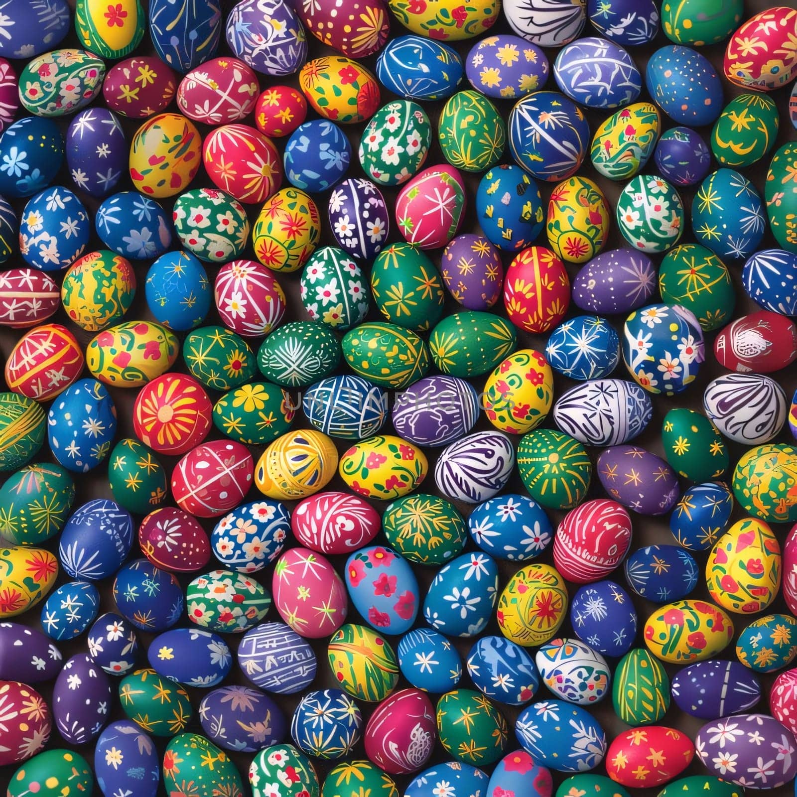 Feasts of the Lord's Resurrection: Colorful easter eggs background. Top view. 3d illustration