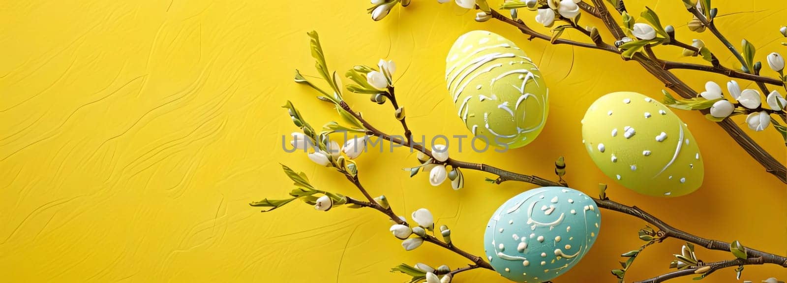 Feasts of the Lord's Resurrection: Easter eggs and spring flowers on yellow background with copy space.