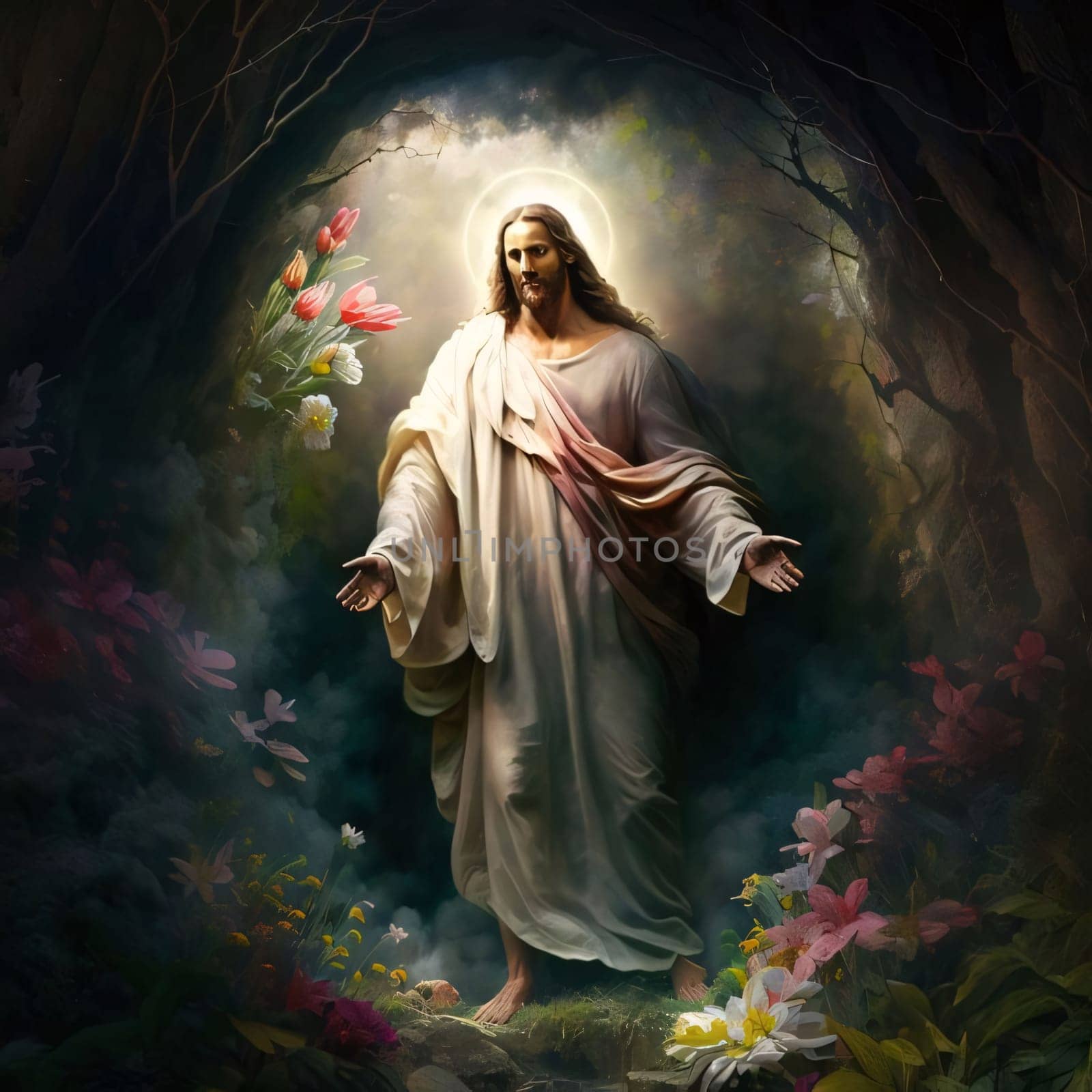 Feasts of the Lord's Resurrection: Jesus Christ with flowers in the dark forest. 3d illustration.