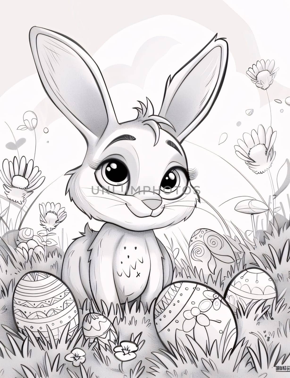 Feasts of the Lord's Resurrection: Easter bunny with eggs in the meadow. Vector illustration.