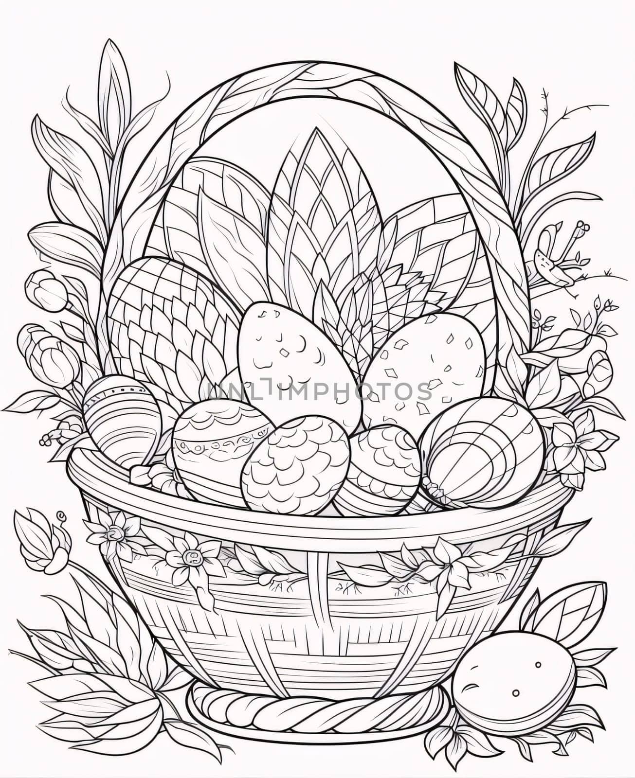 Easter basket with eggs and flowers. Black and white vector illustration. by ThemesS