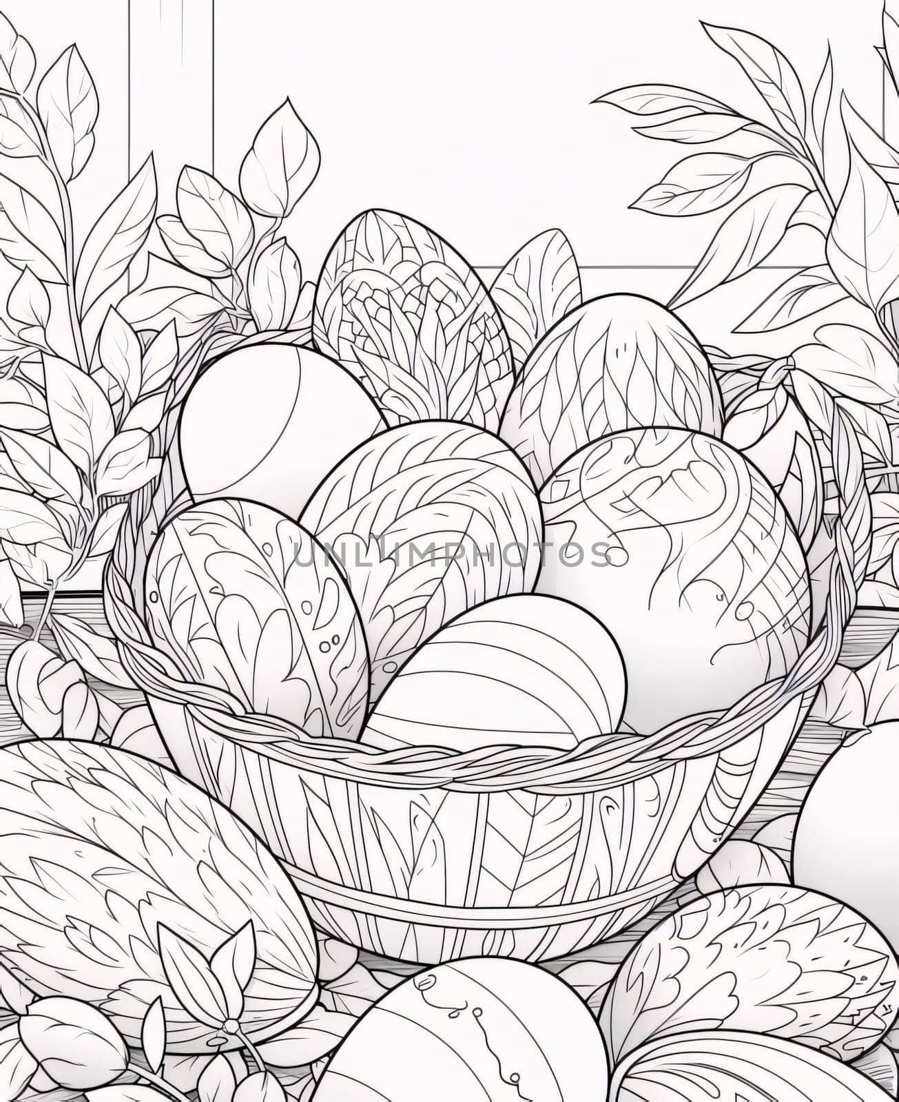 Easter eggs in basket with leaves. Black and white vector illustration. by ThemesS