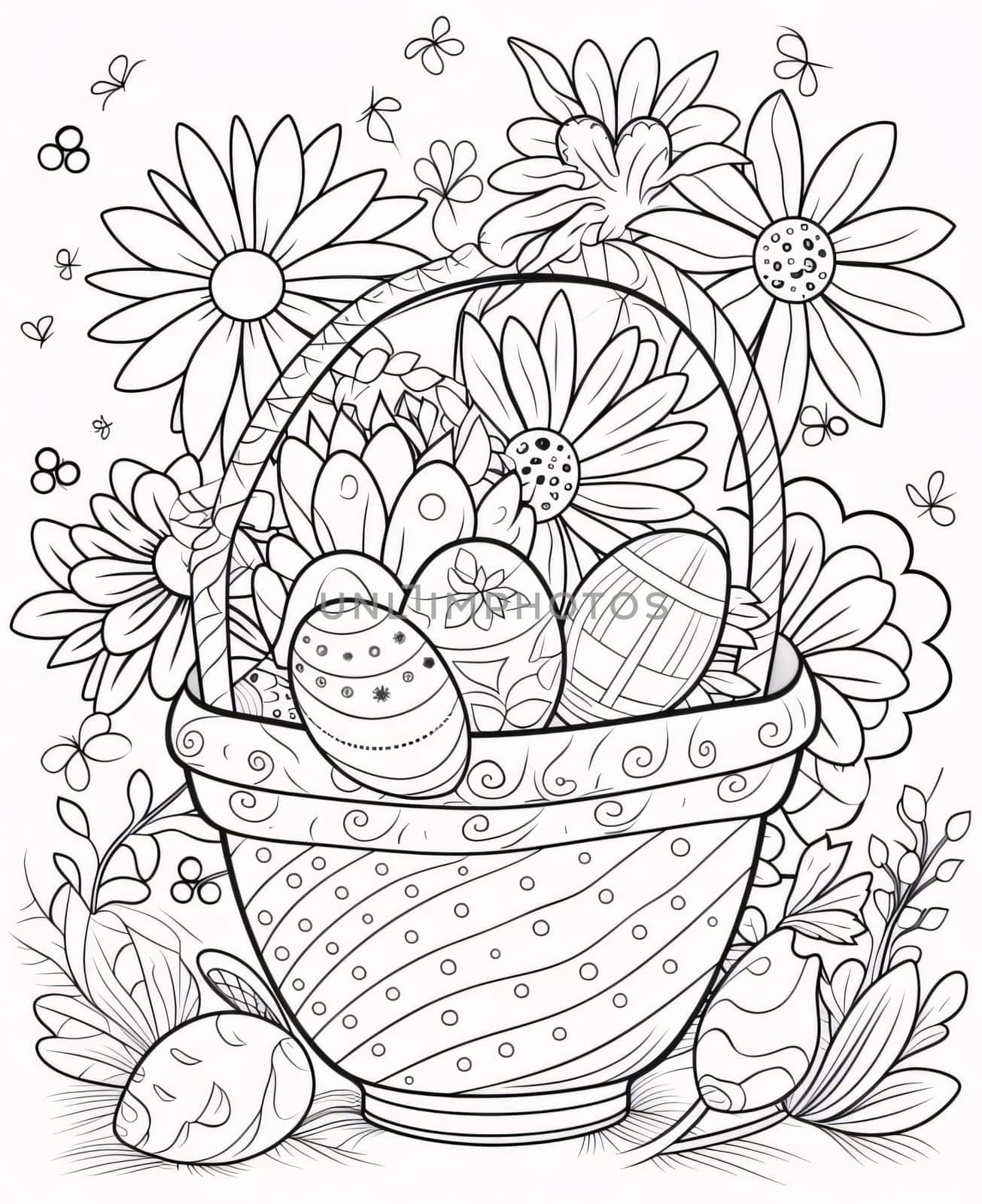 Easter basket with eggs and flowers. Coloring book for adults. by ThemesS