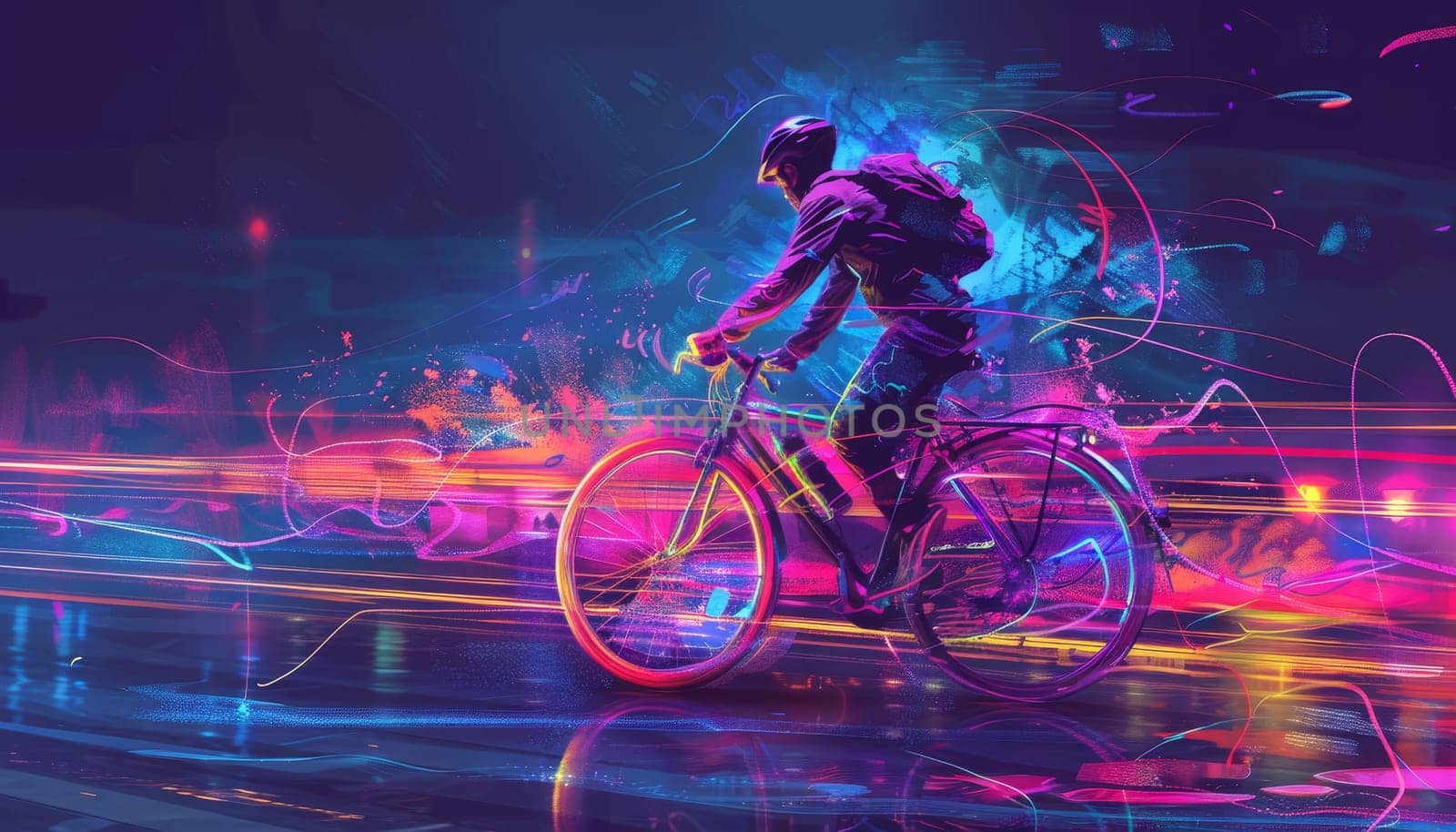 A man is riding a bicycle in a colorful, neon-lit city by AI generated image.