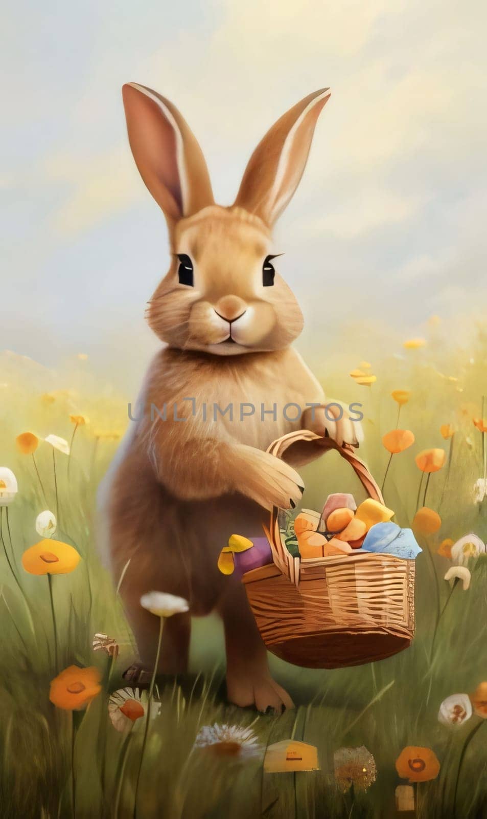 Easter bunny with basket of eggs on the meadow with flowers by ThemesS