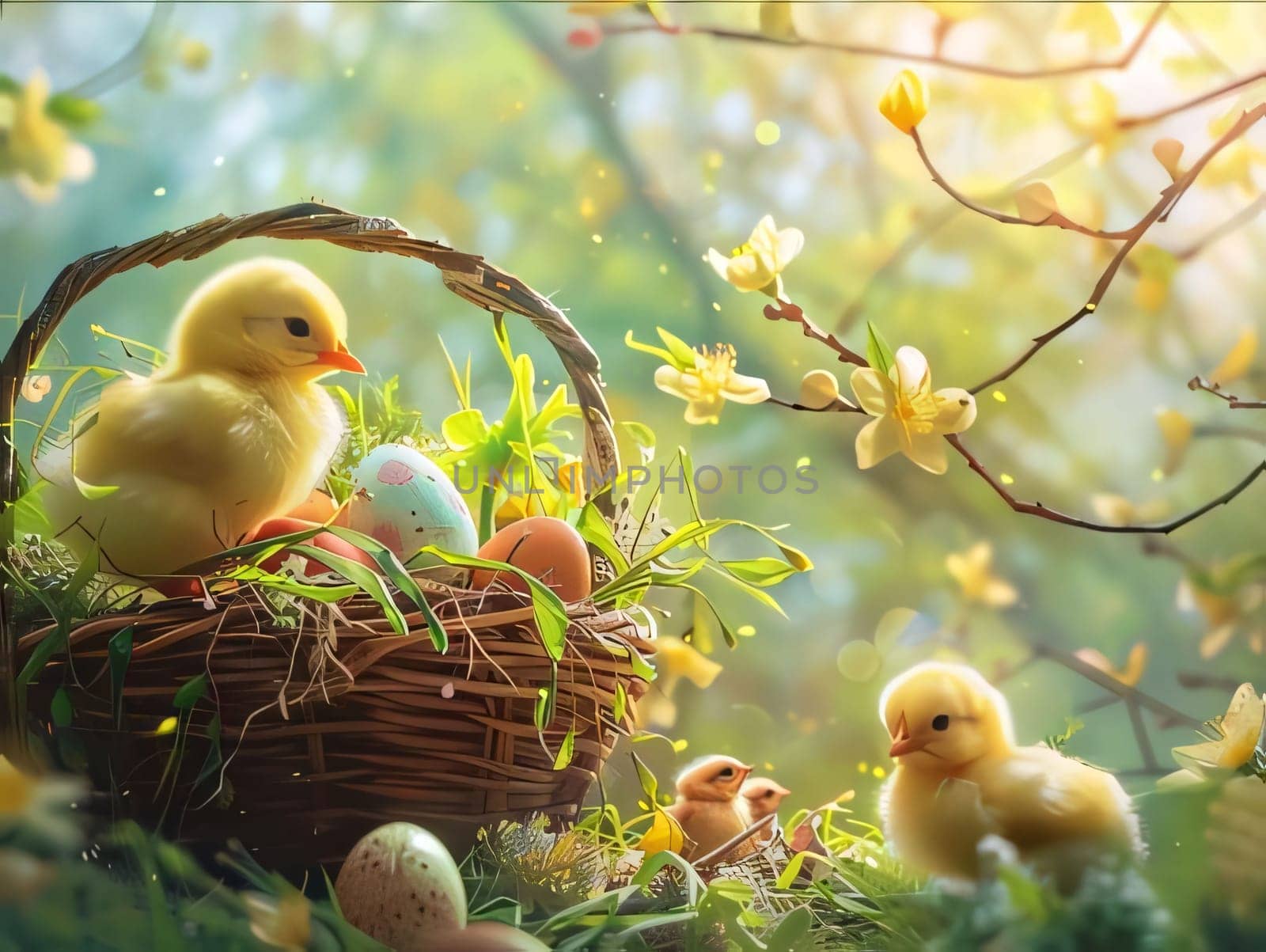 Feasts of the Lord's Resurrection: Easter eggs and yellow chickens in a basket on a green grass