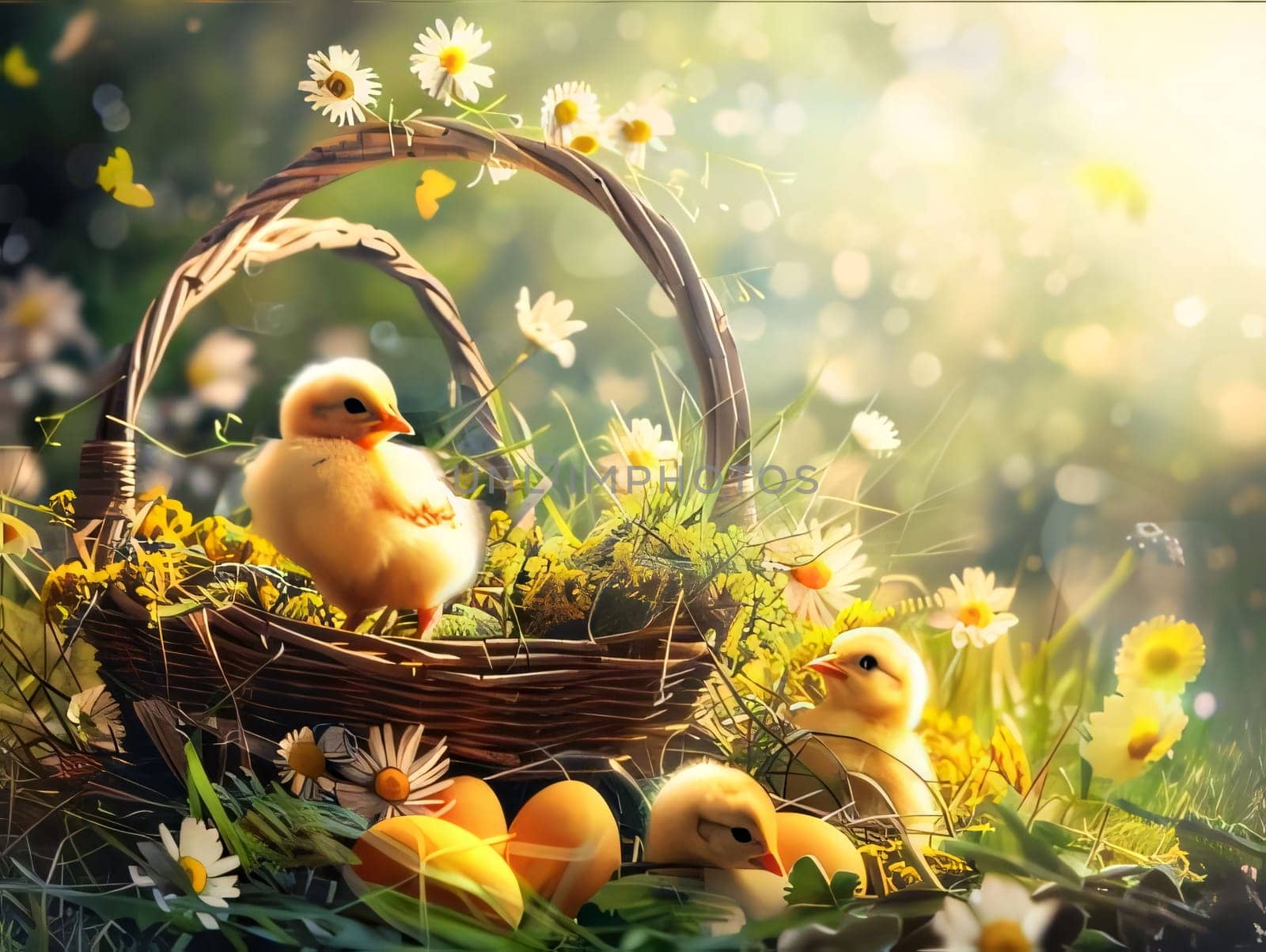 Feasts of the Lord's Resurrection: Basket with easter eggs and yellow chickens on a meadow