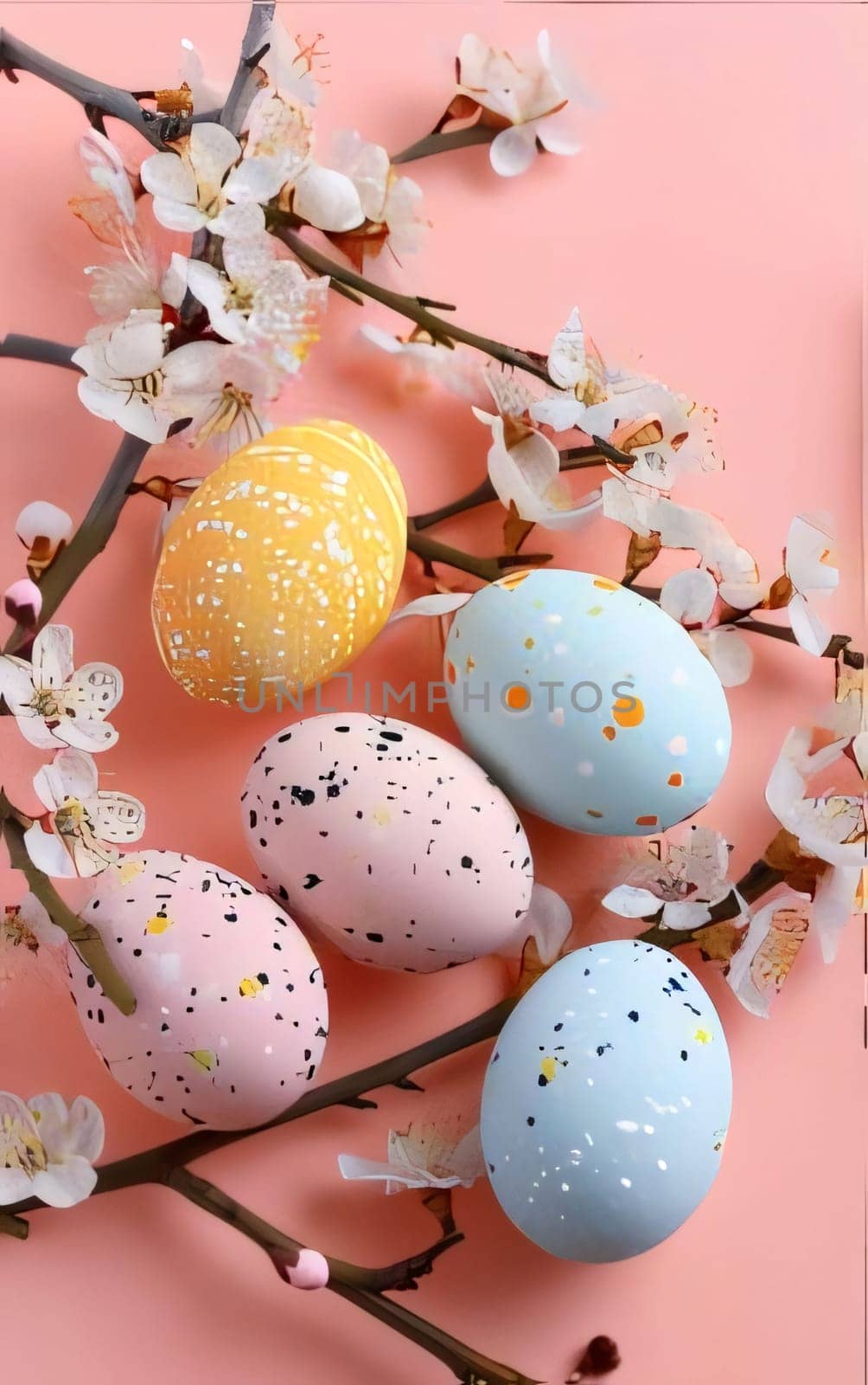 Colorful easter eggs and blooming branches on pink background. by ThemesS