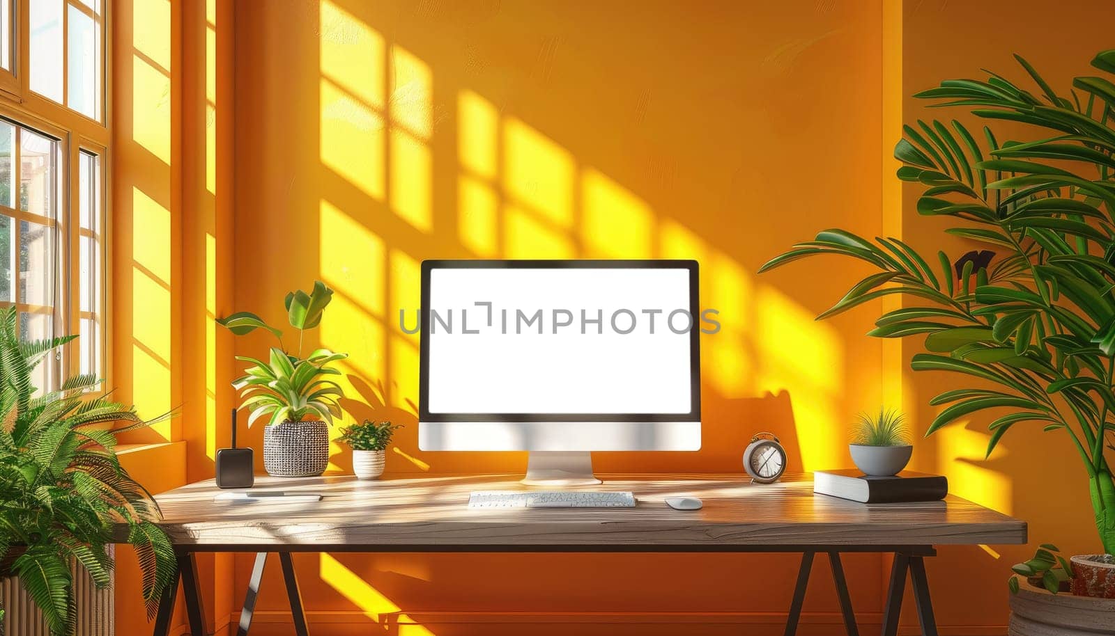 A computer monitor sits on a wooden desk in front of a brick wall by AI generated image.