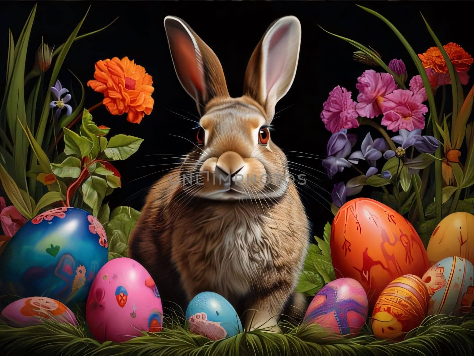 Feasts of the Lord's Resurrection: Easter bunny with eggs and flowers on a black background, 3d illustration