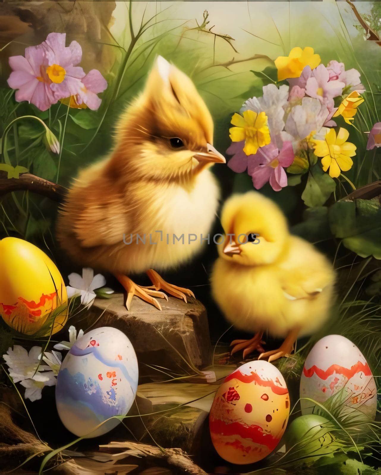 Easter composition with chicken, flowers and easter eggs in vintage style by ThemesS