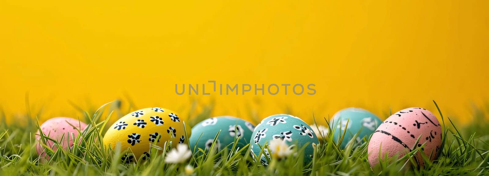 Feasts of the Lord's Resurrection: Easter eggs on green grass and yellow background with copy space.