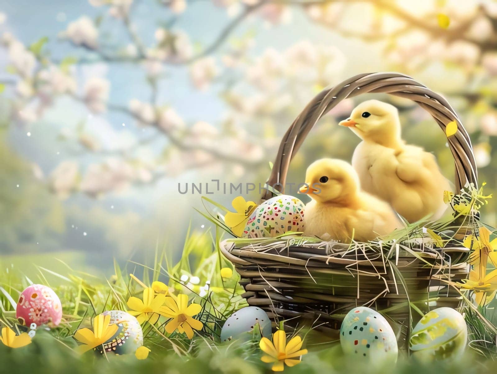 Feasts of the Lord's Resurrection: Easter eggs and yellow chickens in basket on green grass with flowers