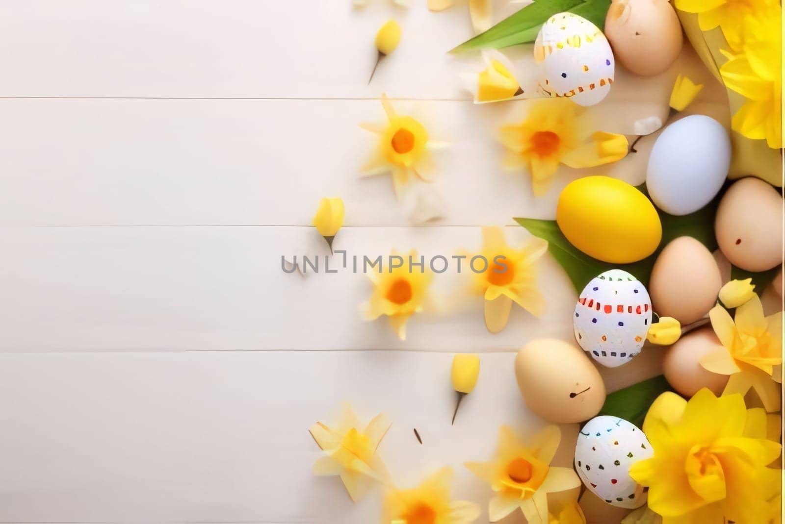 Feasts of the Lord's Resurrection: Easter eggs and daffodils on white wooden background.