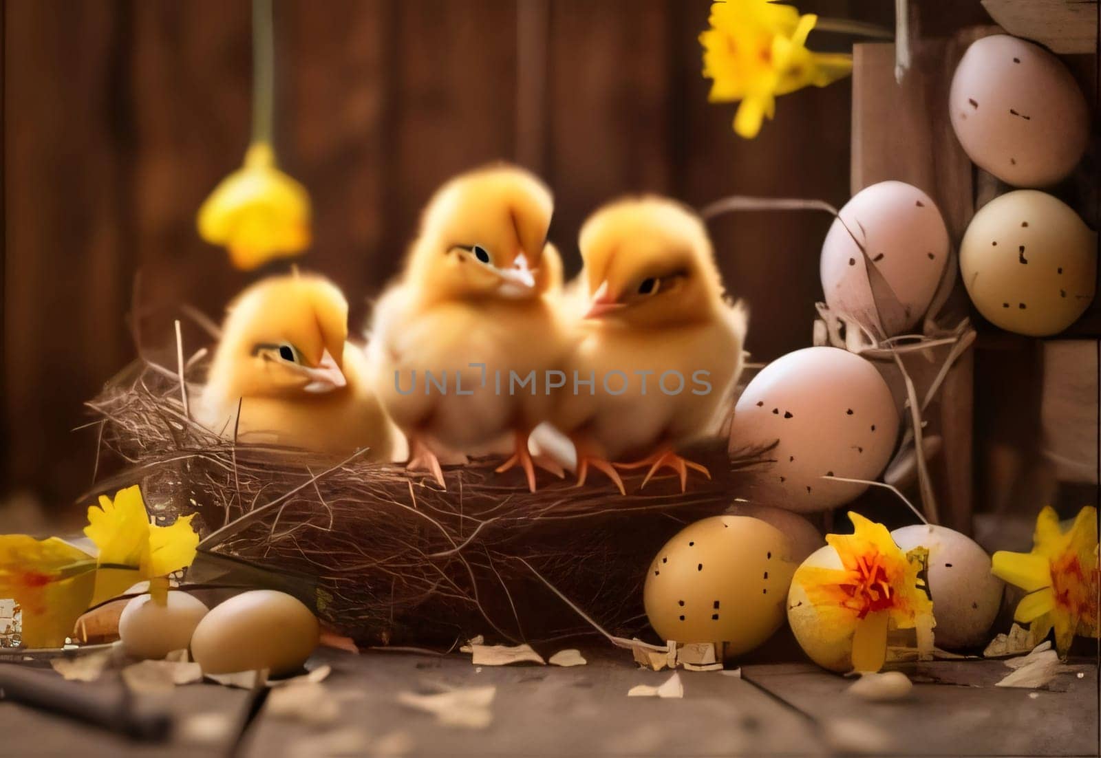 Feasts of the Lord's Resurrection: Easter composition with yellow chickens and eggs on rustic wooden background