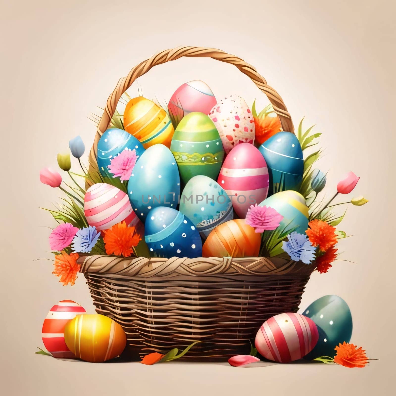 Feasts of the Lord's Resurrection: Easter basket with colorful eggs and flowers. Vector realistic illustration.