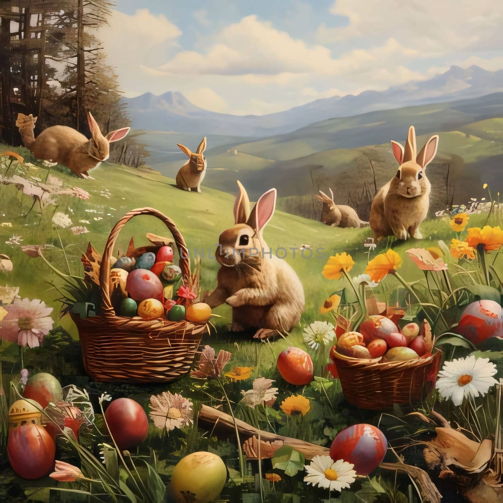 Feasts of the Lord's Resurrection: Easter bunnies with basket of eggs in the meadow
