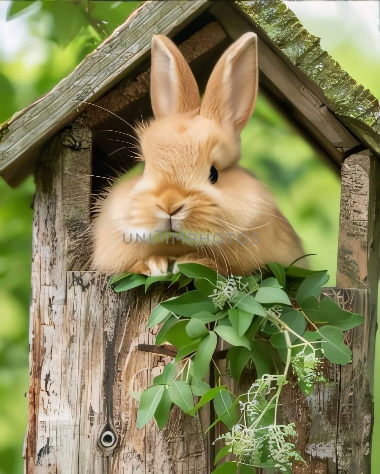 Rabbit in a wooden birdhouse on a background of green foliage by ThemesS