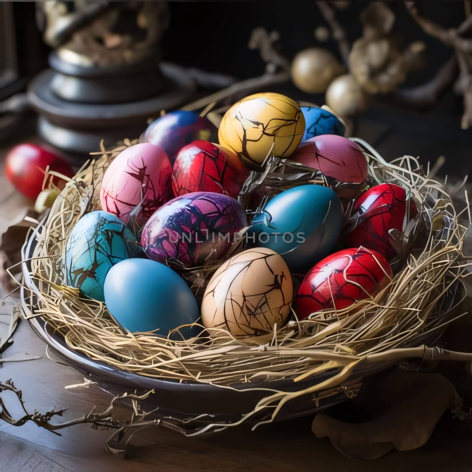 Colorful easter egg Feasts of the Lord's Resurrection:Easter eggs in a nest on a wooden background. Selective focus. s in a nest on rustic wooden background