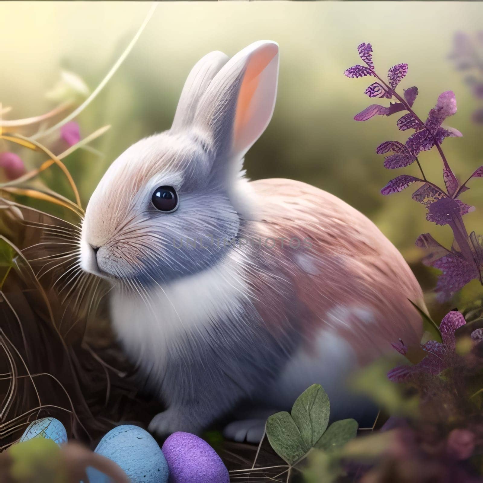 Feasts of the Lord's Resurrection: Easter bunny and easter eggs in the grass. Easter background