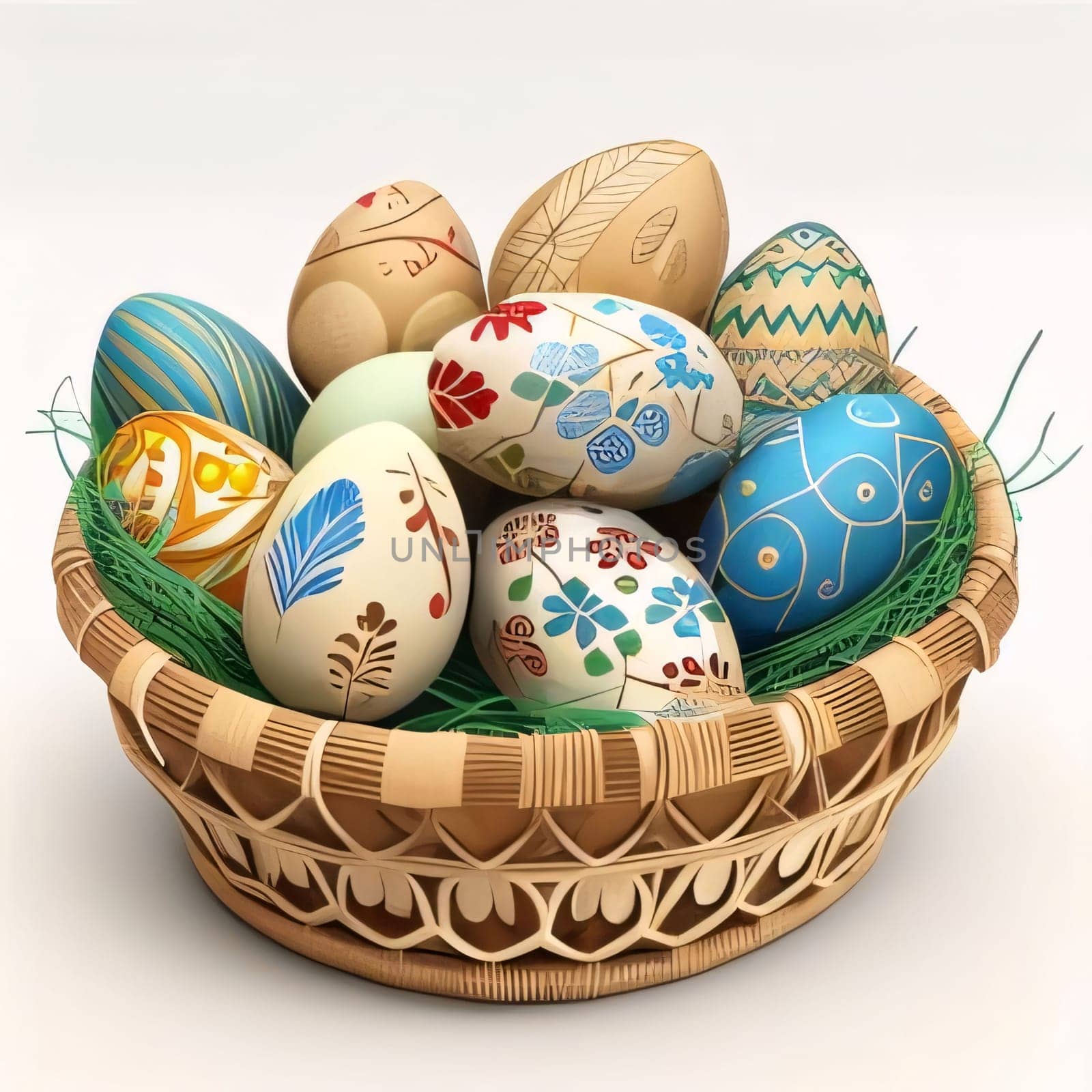 Feasts of the Lord's Resurrection: Easter eggs in a basket on a white background. 3d