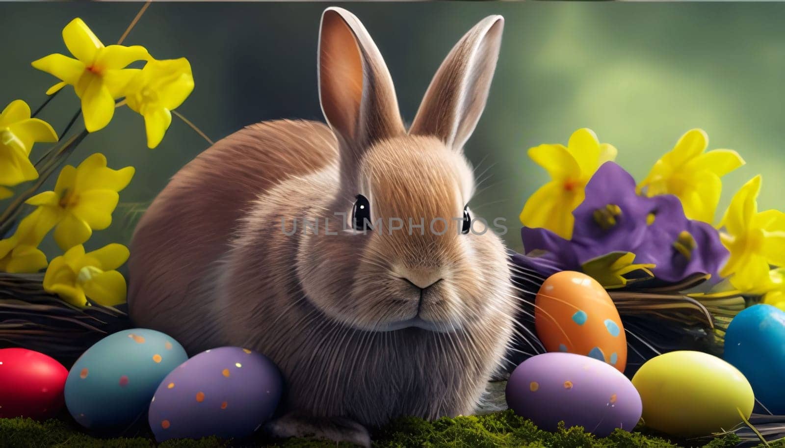 A charming rabbit nestled in vibrant grass with colorful Easter eggs and fresh spring flowers, depicting joy and new beginnings.