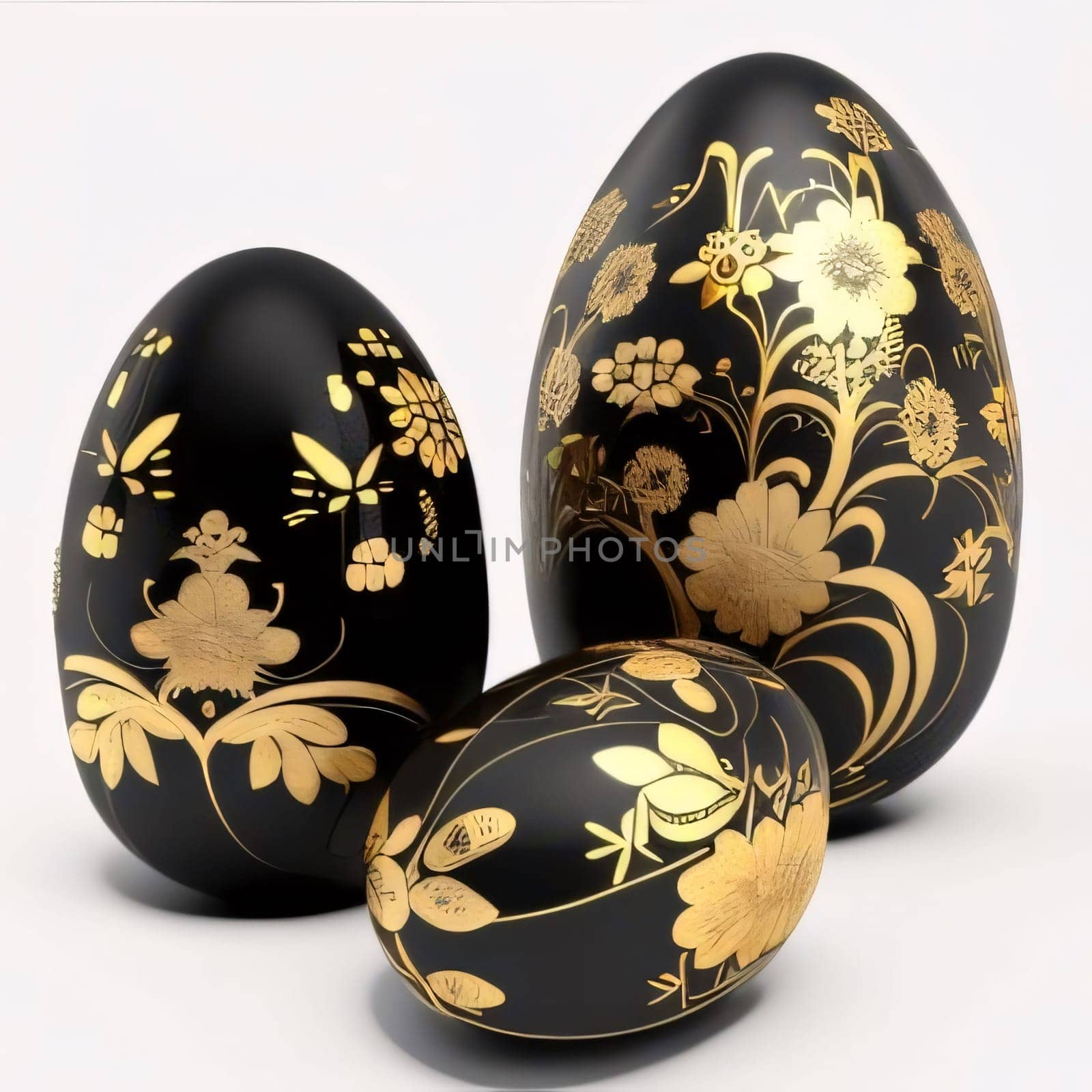 Feasts of the Lord's Resurrection: Three black Easter eggs decorated with golden ornaments on a white background